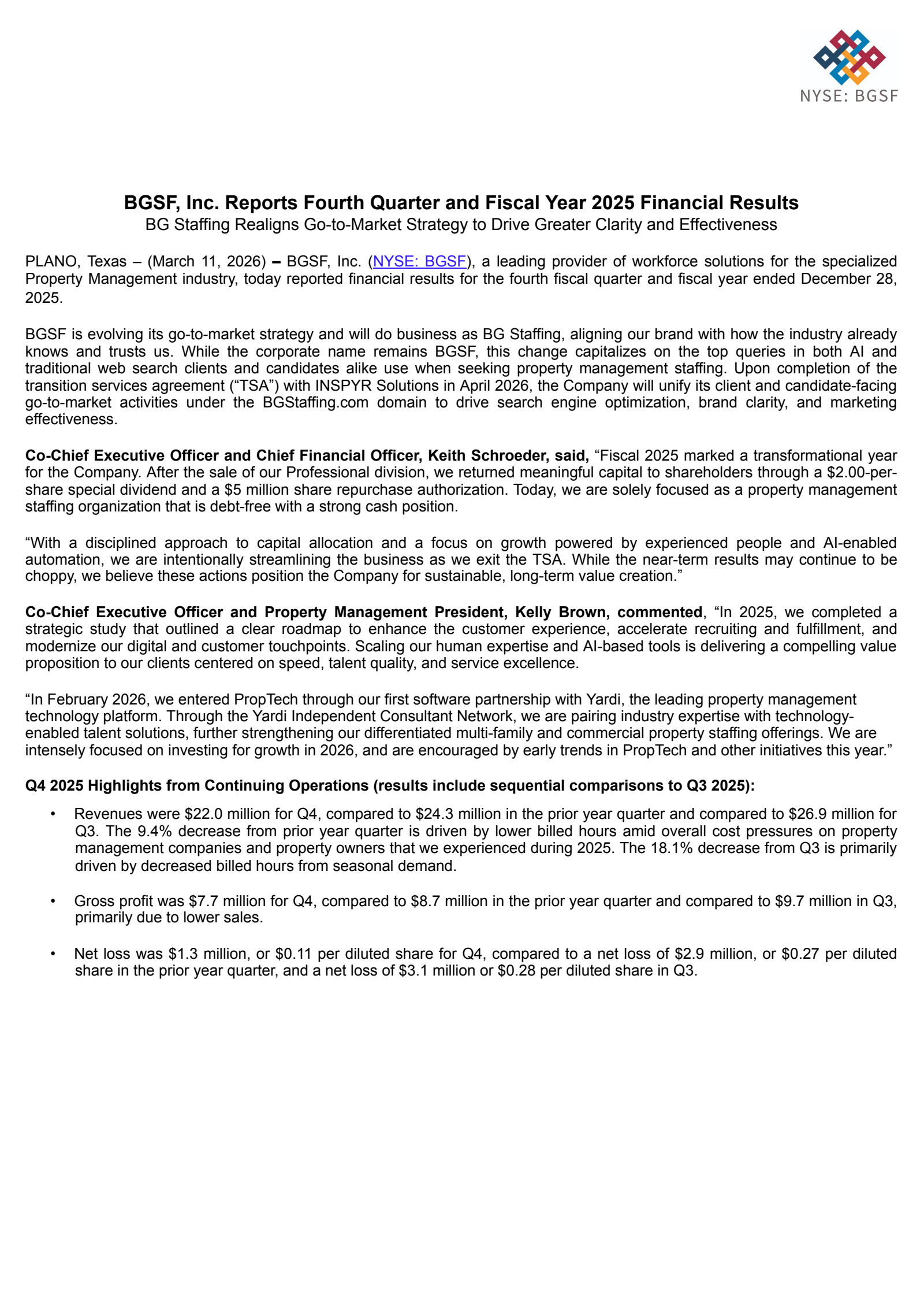 BGSF's Q4 2025 Press Release