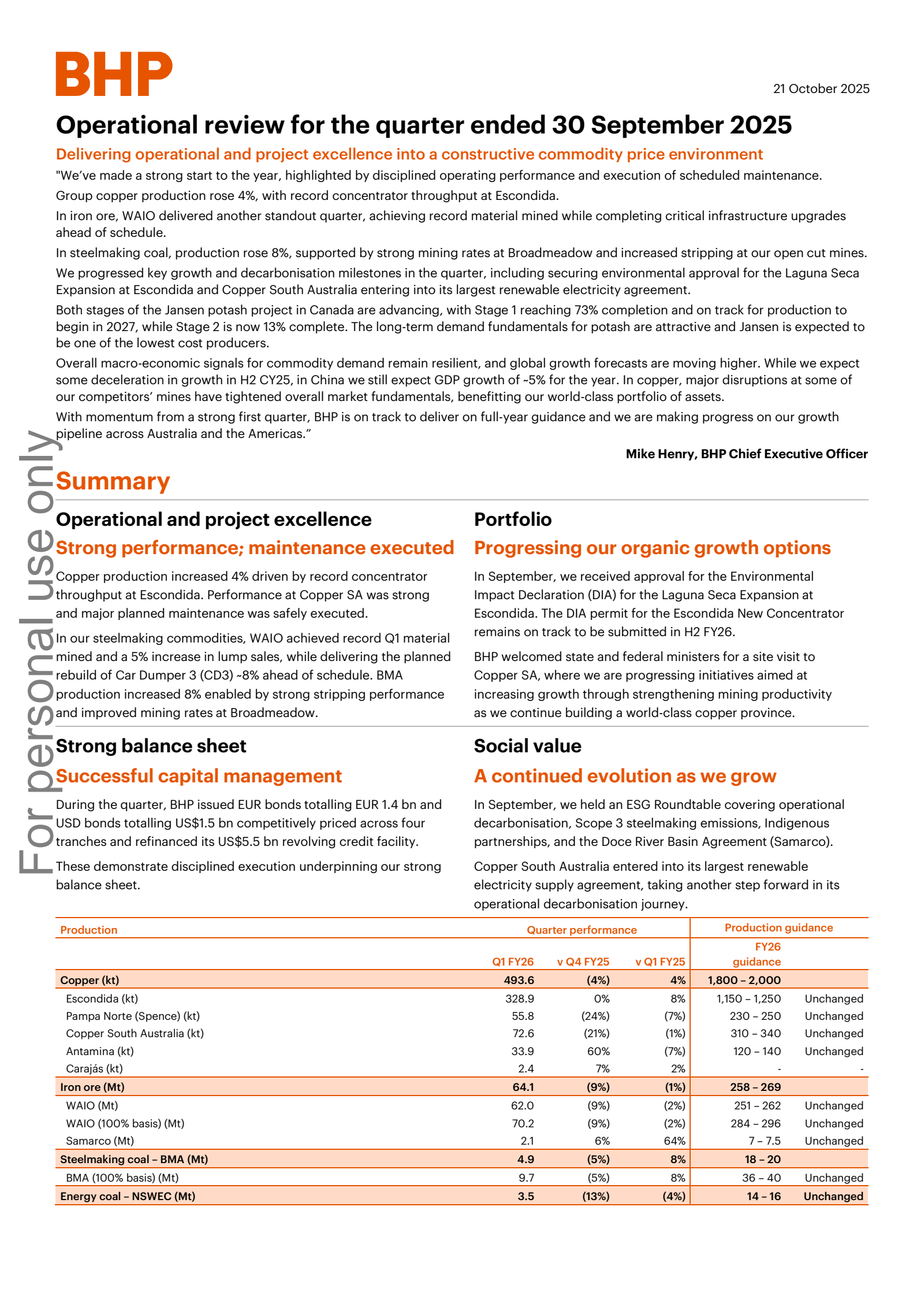 BHP Group's Q1 2026 TU Earnings Release