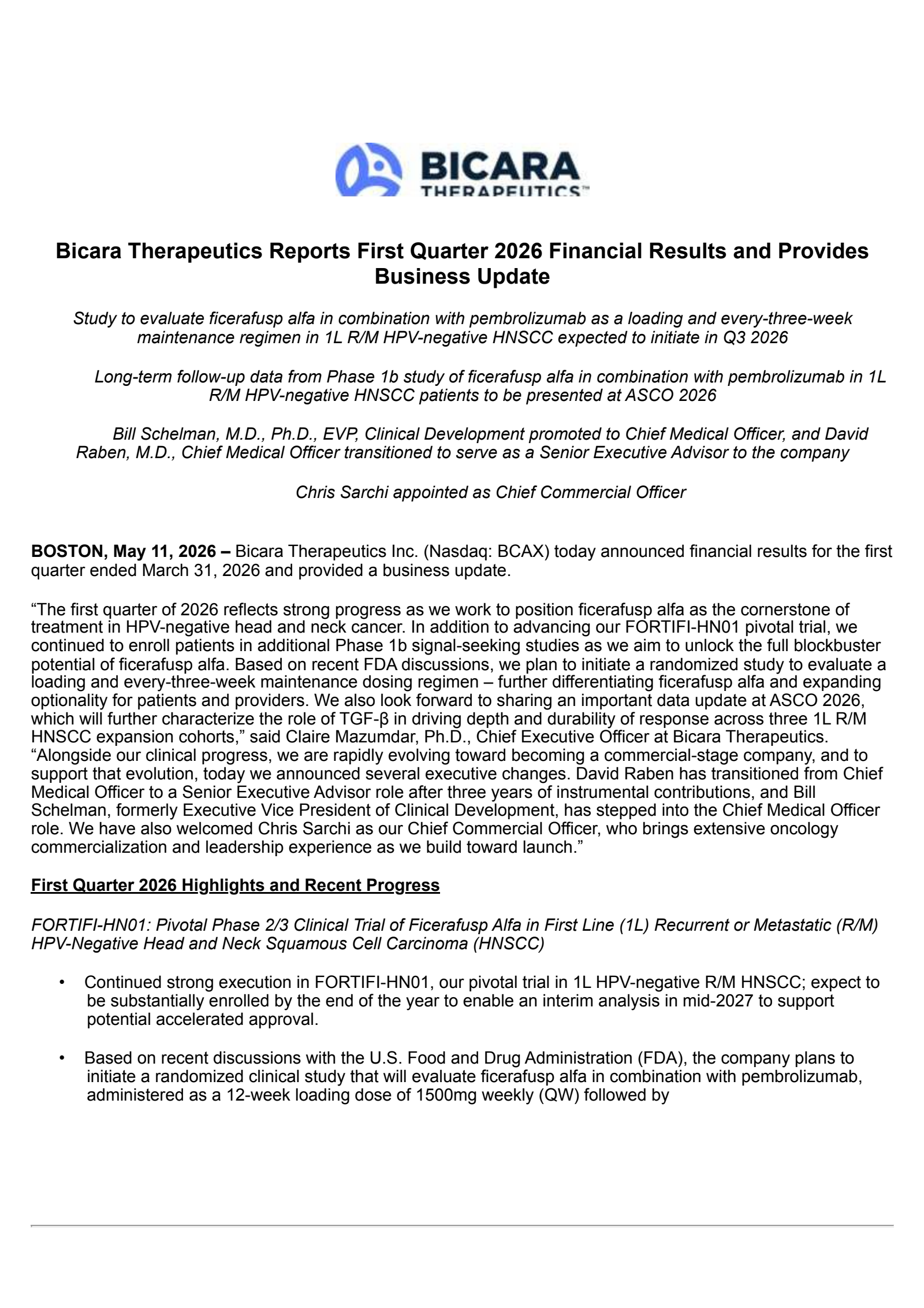 Bicara Therapeutics' Q1 2026 Press Release