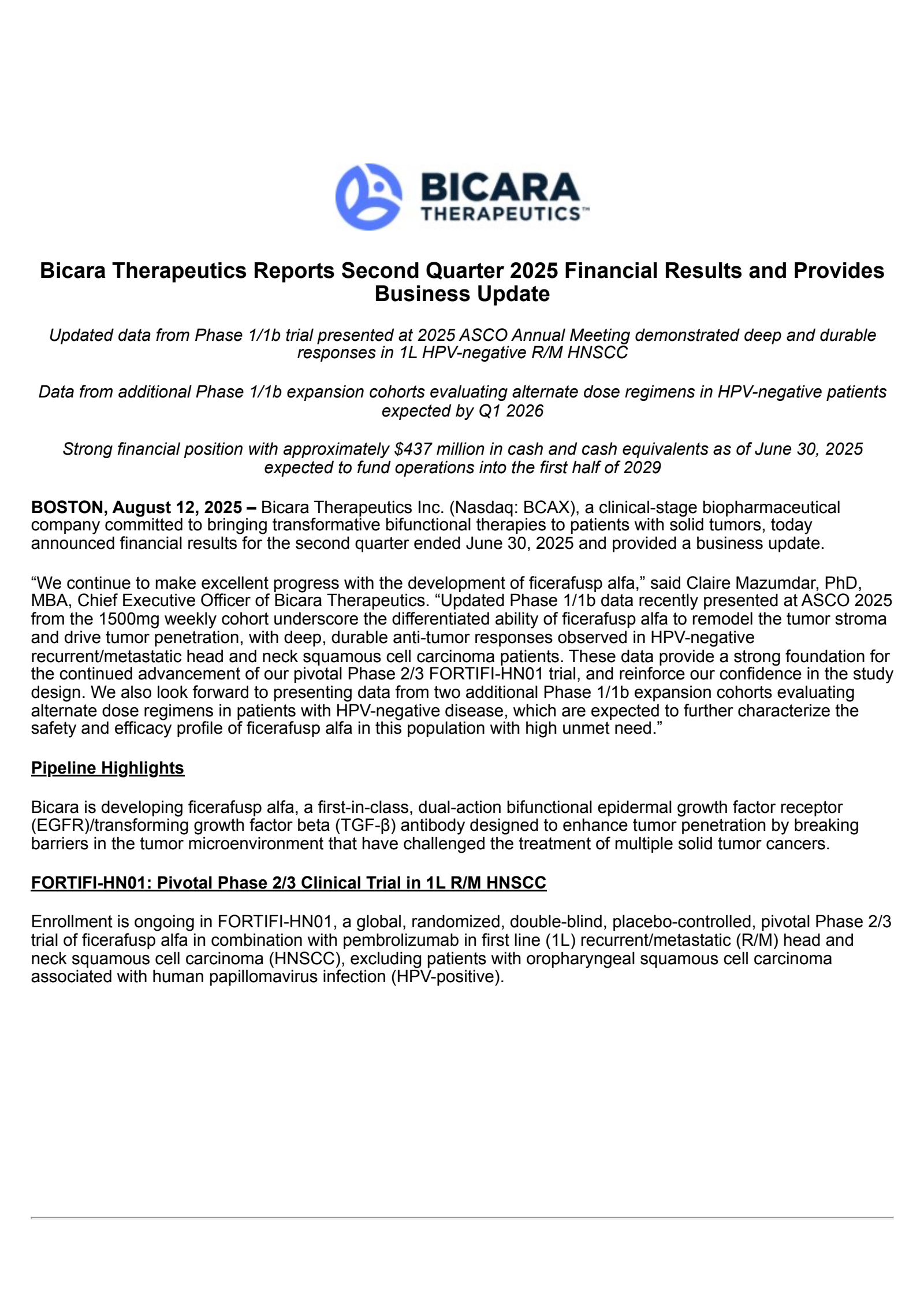 Bicara Therapeutics' Q2 2025 Press Release