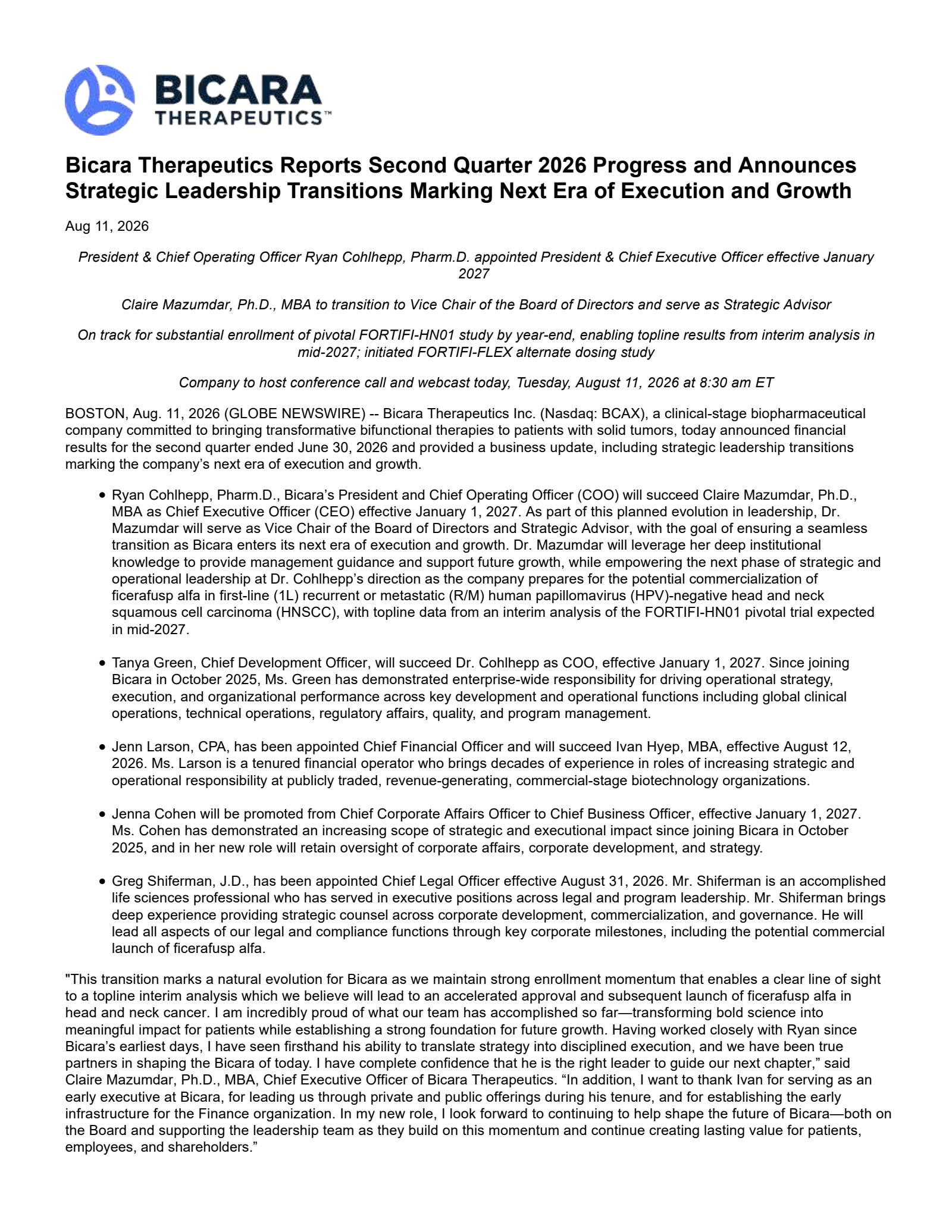 Bicara Therapeutics' Q2 2026 Press Release