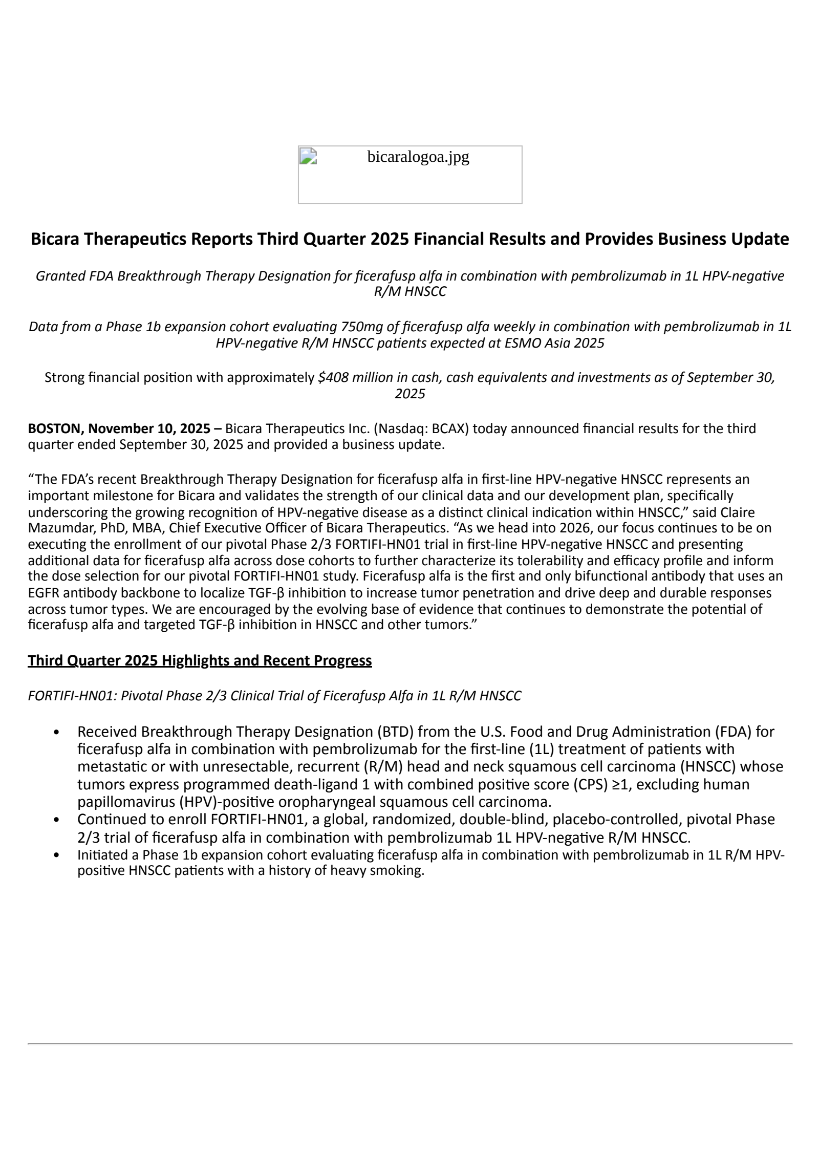 Bicara Therapeutics' Q3 2025 Earnings Release