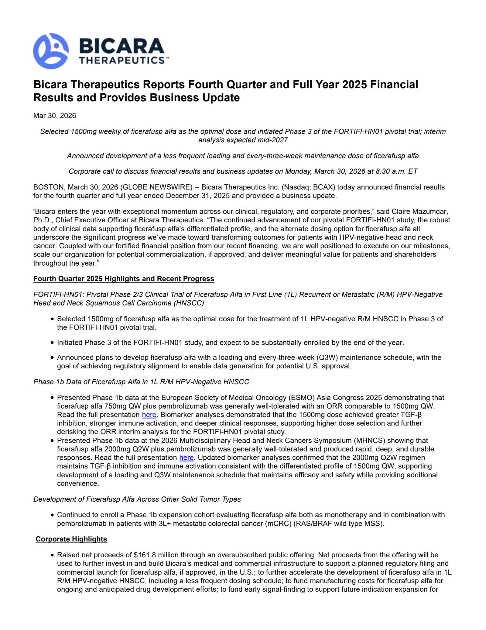 Bicara Therapeutics' Q4 2025 Press Release