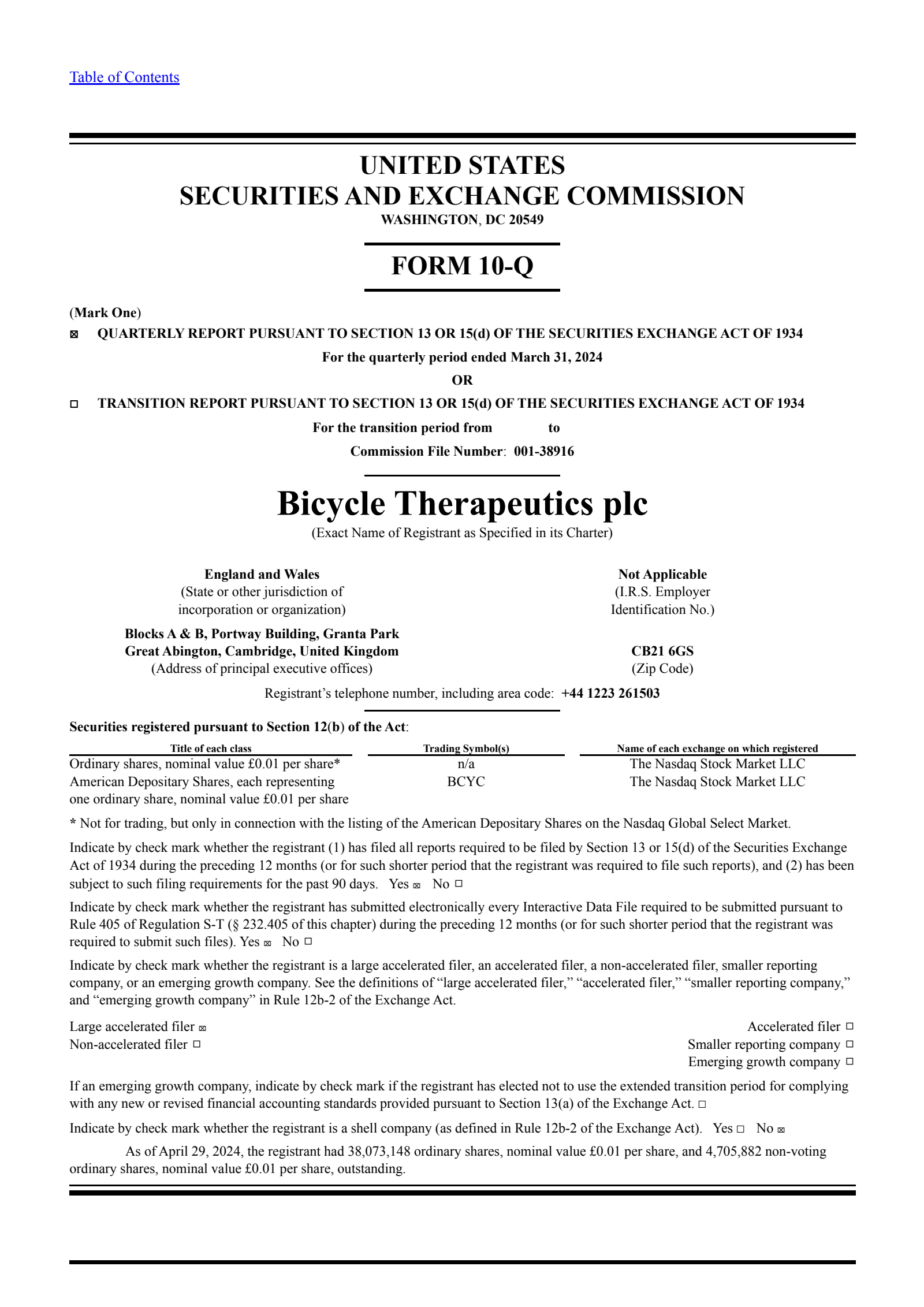 Bicycle Therapeutics' Q1 2024 Quarterly report