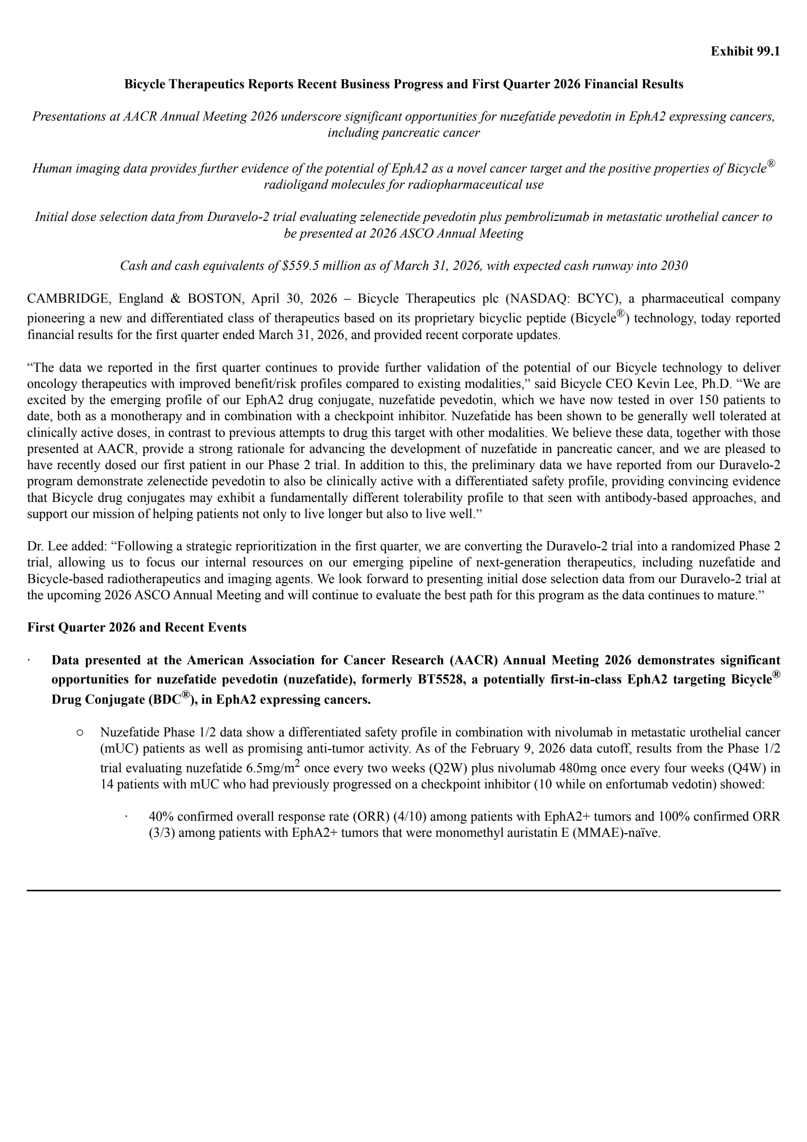 Bicycle Therapeutics' Q1 2026 Press Release