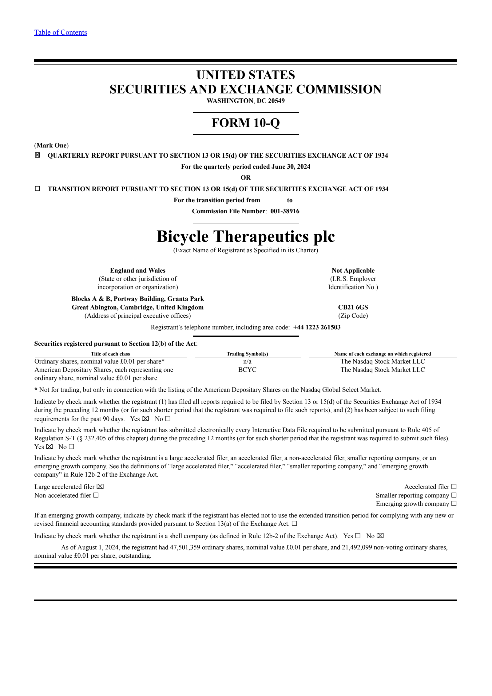 Bicycle Therapeutics' Q2 2024 Quarterly report