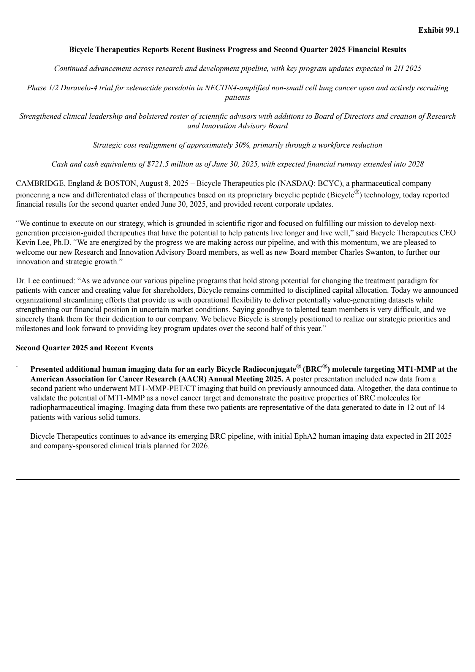 Bicycle Therapeutics' Q2 2025 Press Release