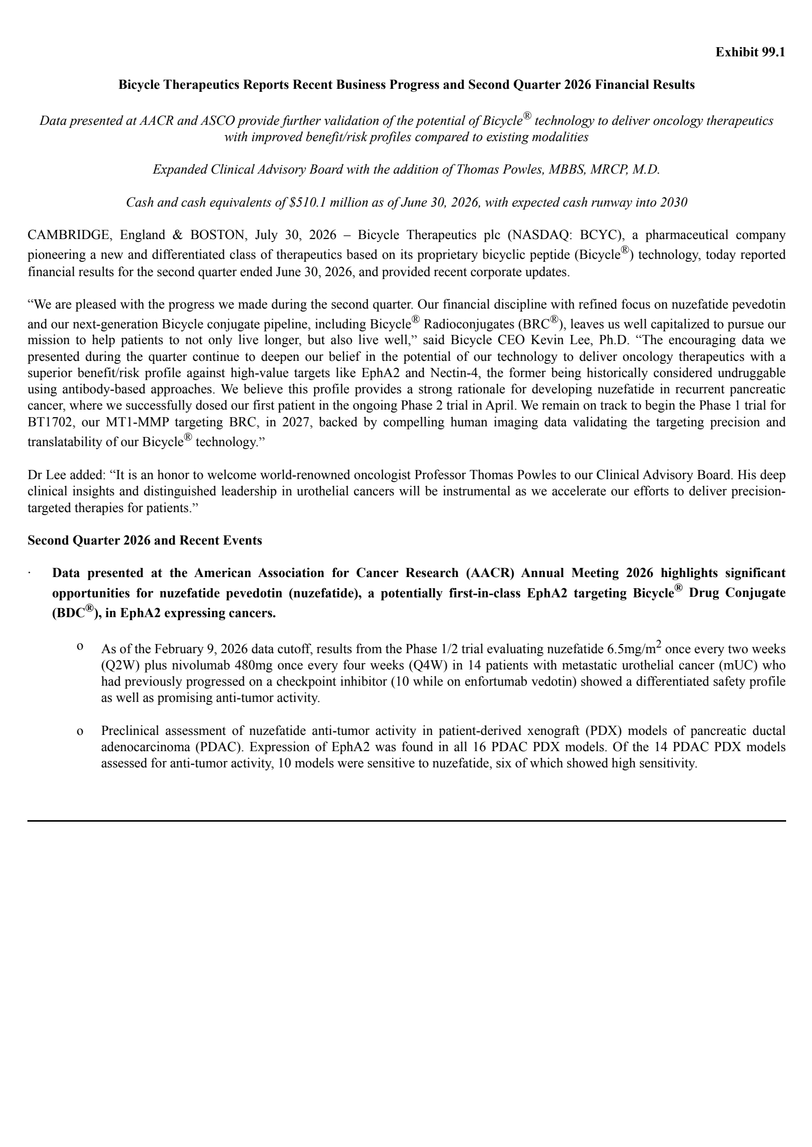 Bicycle Therapeutics' Q2 2026 Press Release
