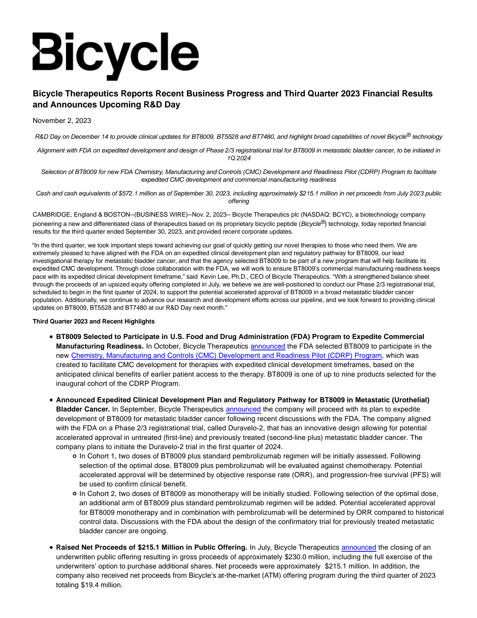 Bicycle Therapeutics' Q3 2023 Press Release
