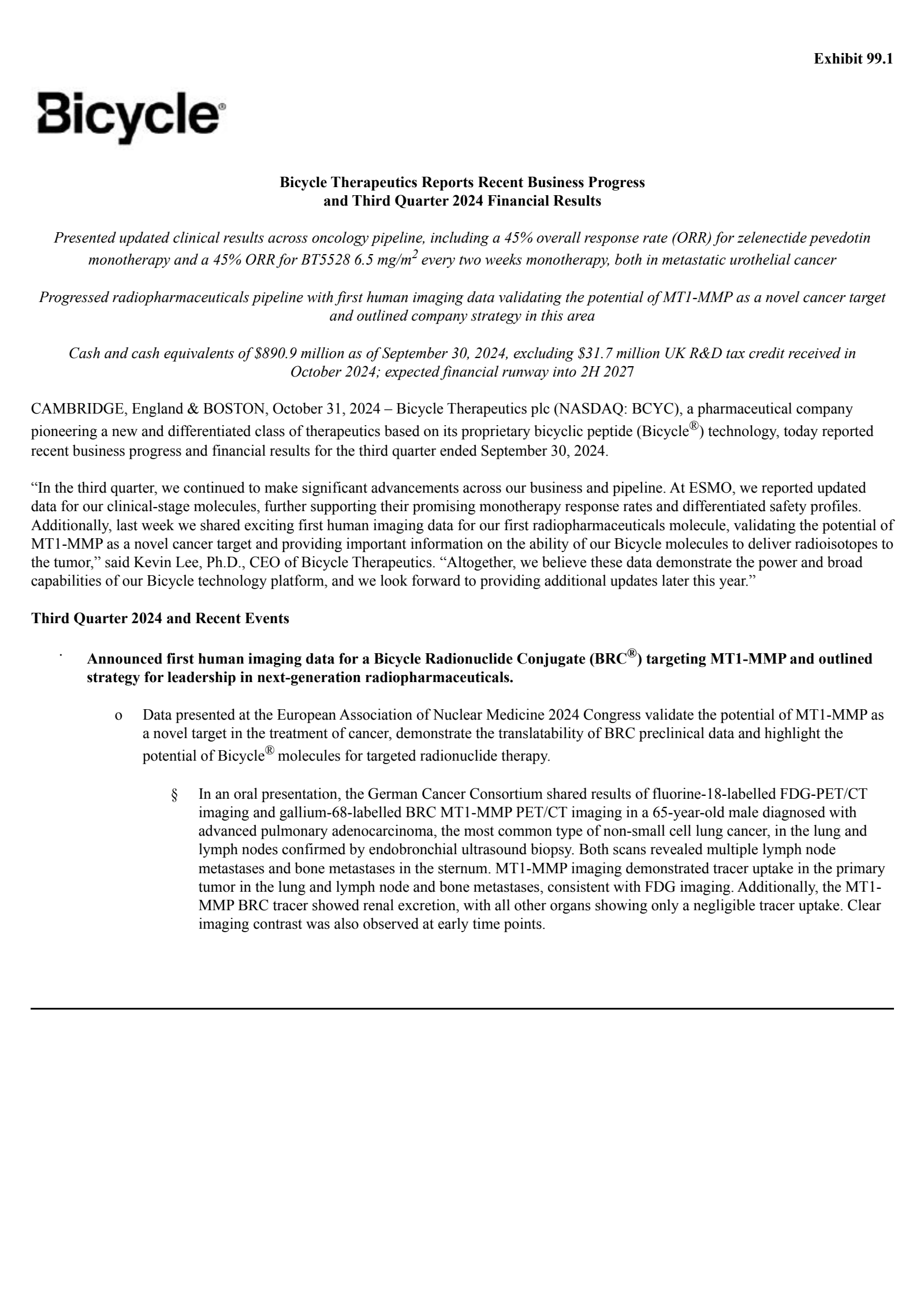 Bicycle Therapeutics' Q3 2024 Press Release