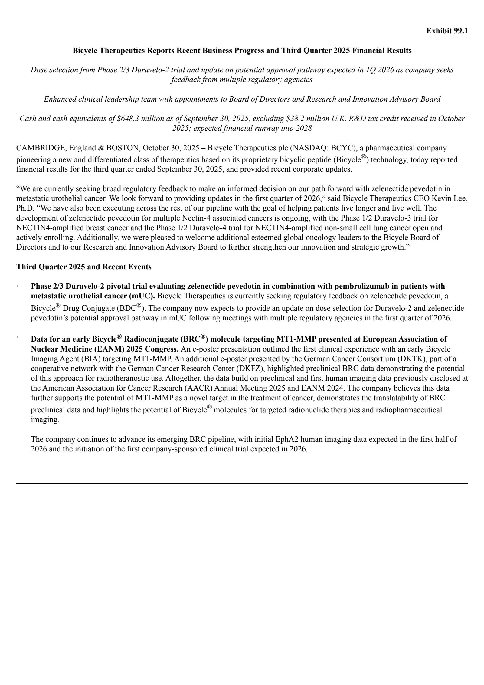 Bicycle Therapeutics' Q3 2025 Earnings Release
