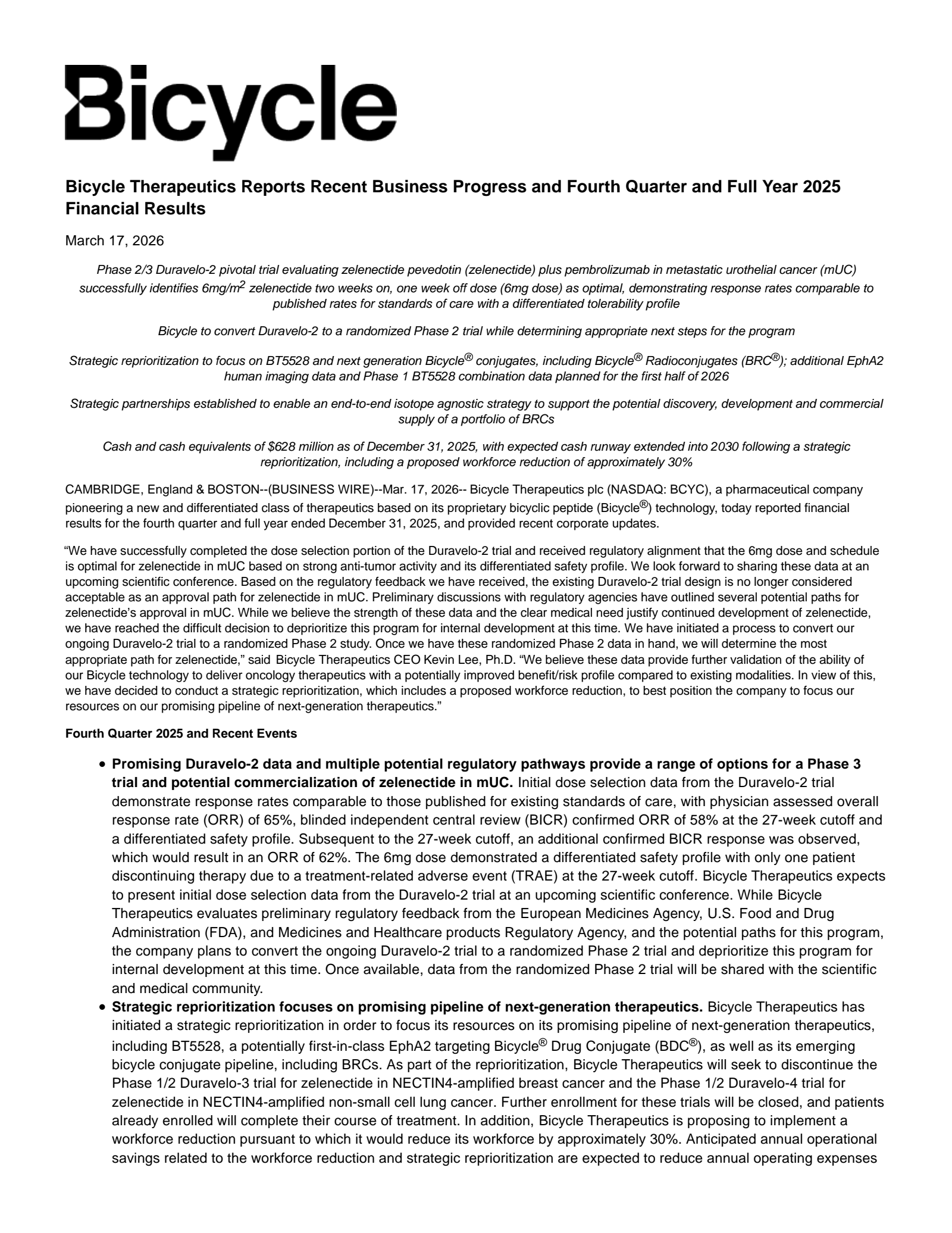 Bicycle Therapeutics' Q4 2025 Press Release