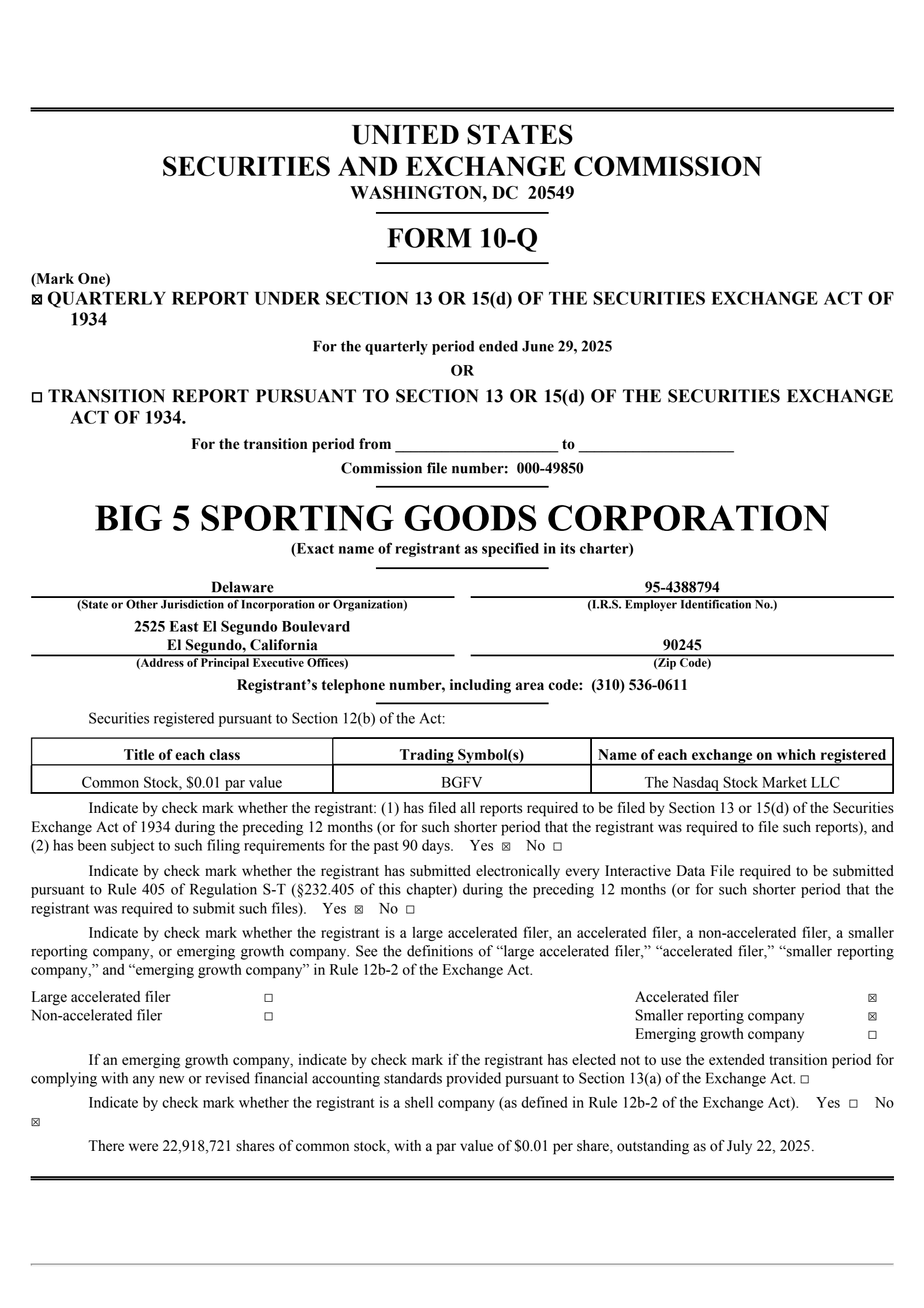 Big 5 Sporting Goods' Q2 2025 Quarterly report