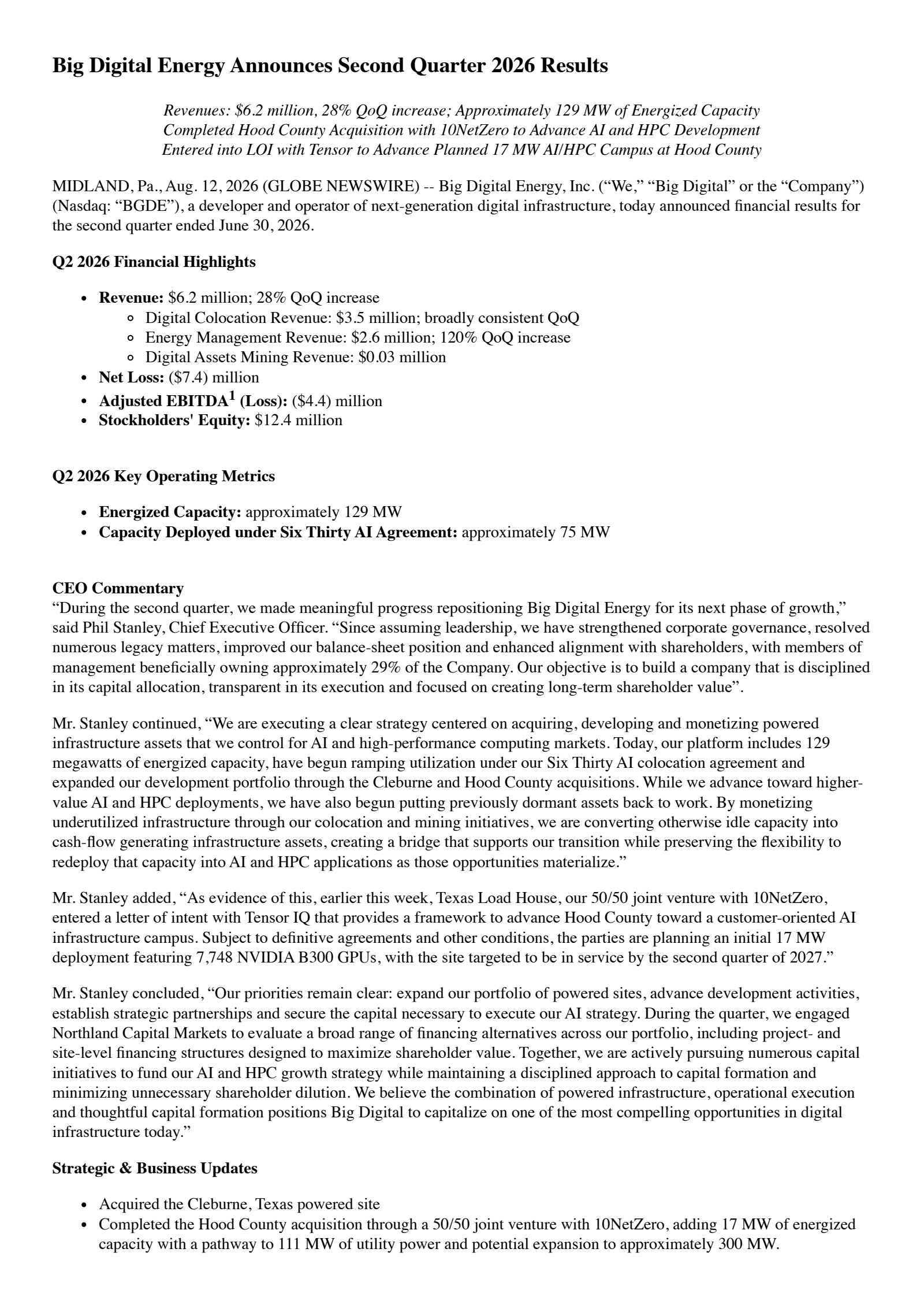 Big Digital Energy, Inc. Common Stock's Q2 2026 Press Release