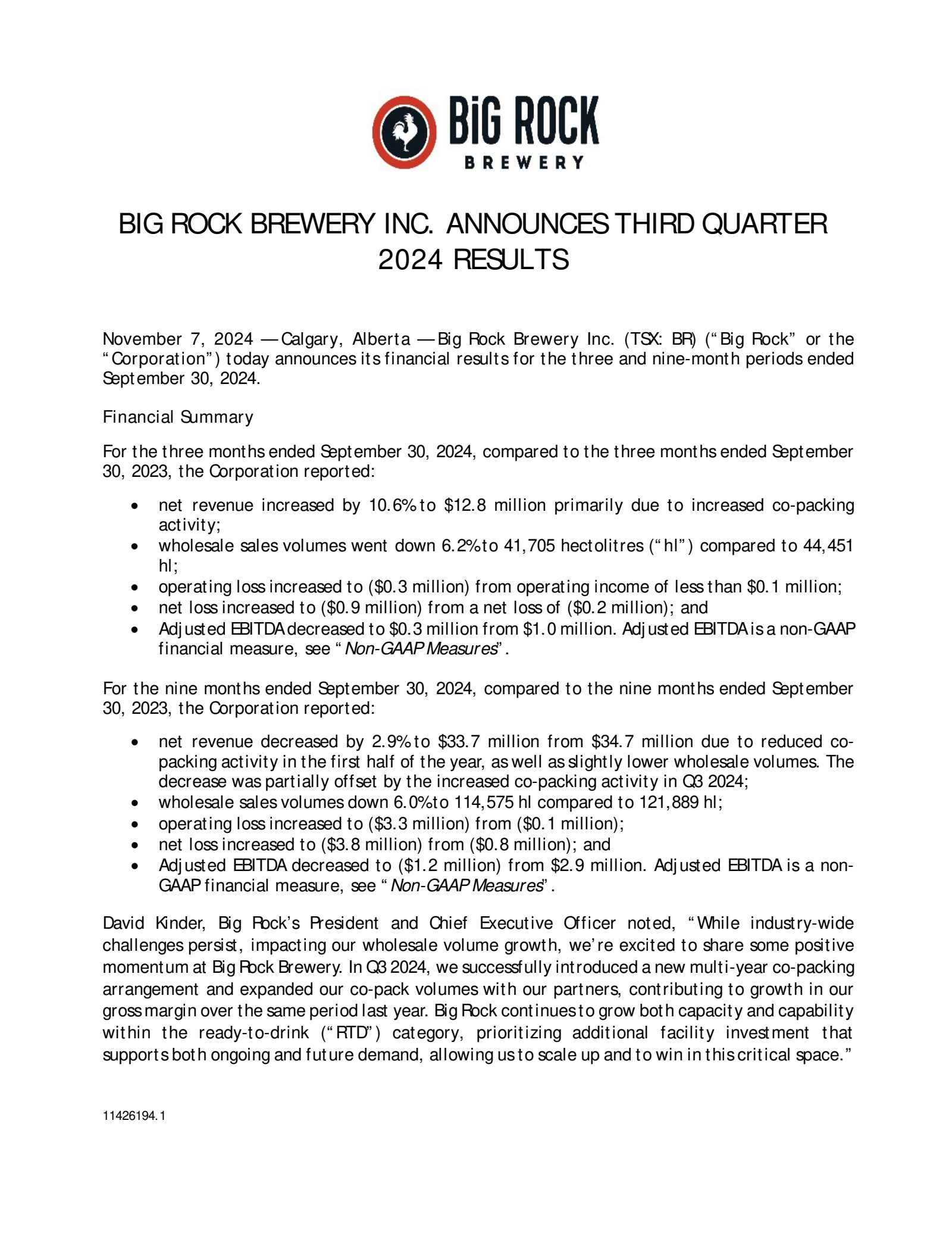 Big Rock Brewery's Q3 2024 Press Release