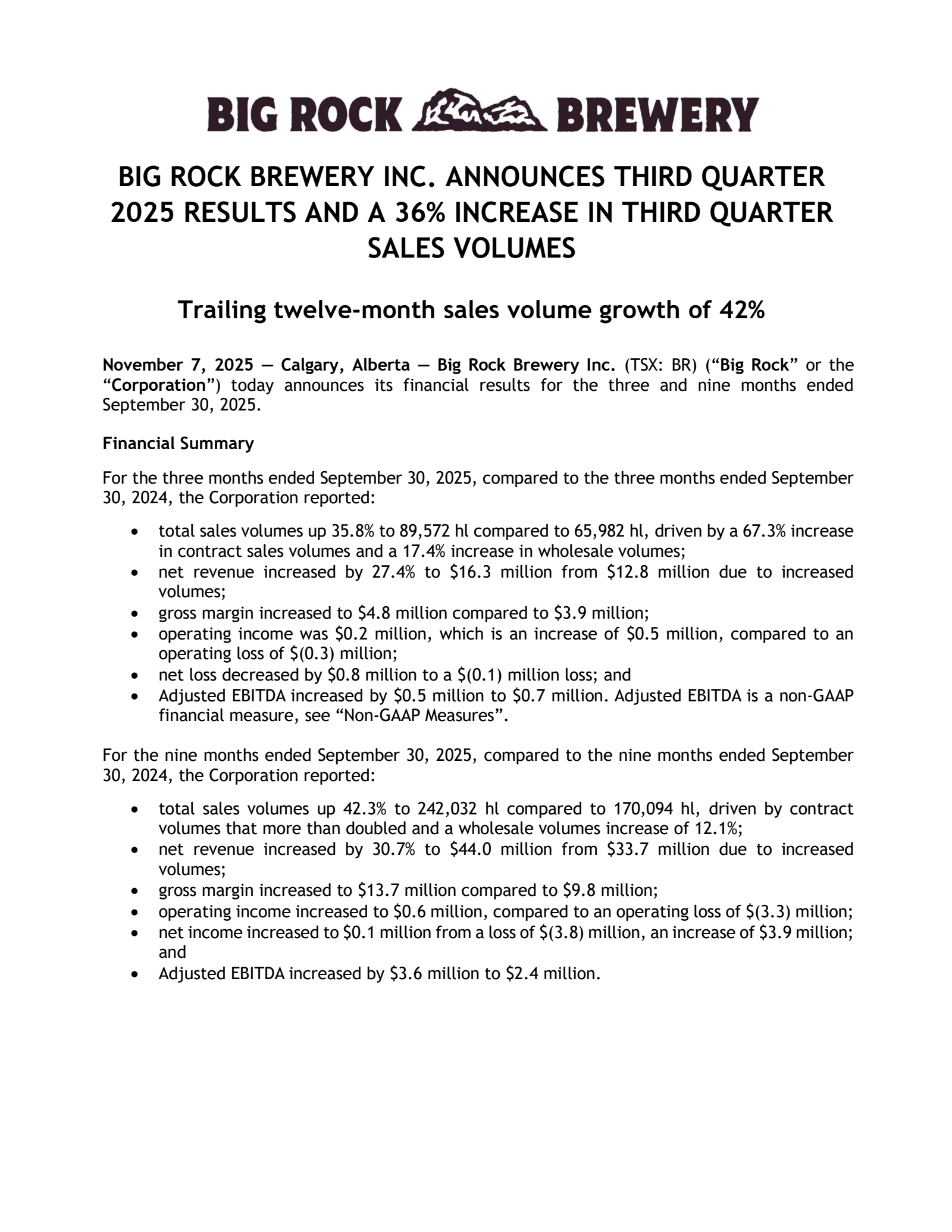 Big Rock Brewery's Q3 2025 Press Release