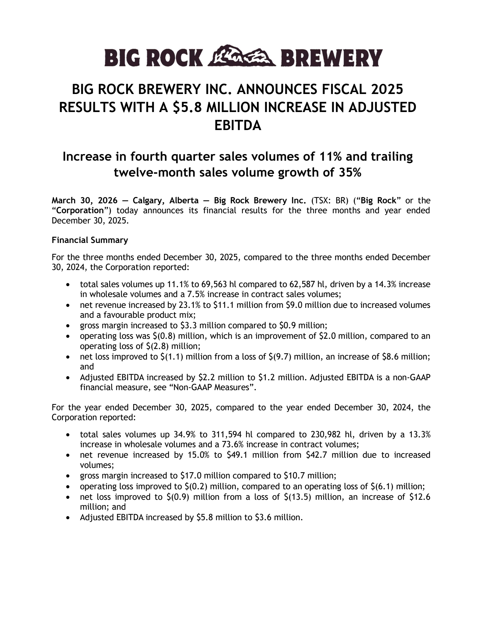Big Rock Brewery's Q4 2025 Press Release