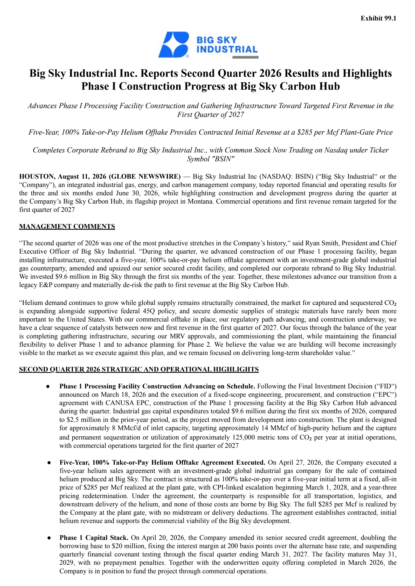 Big Sky Industrial Inc. Common Stock's Q2 2026 Press Release