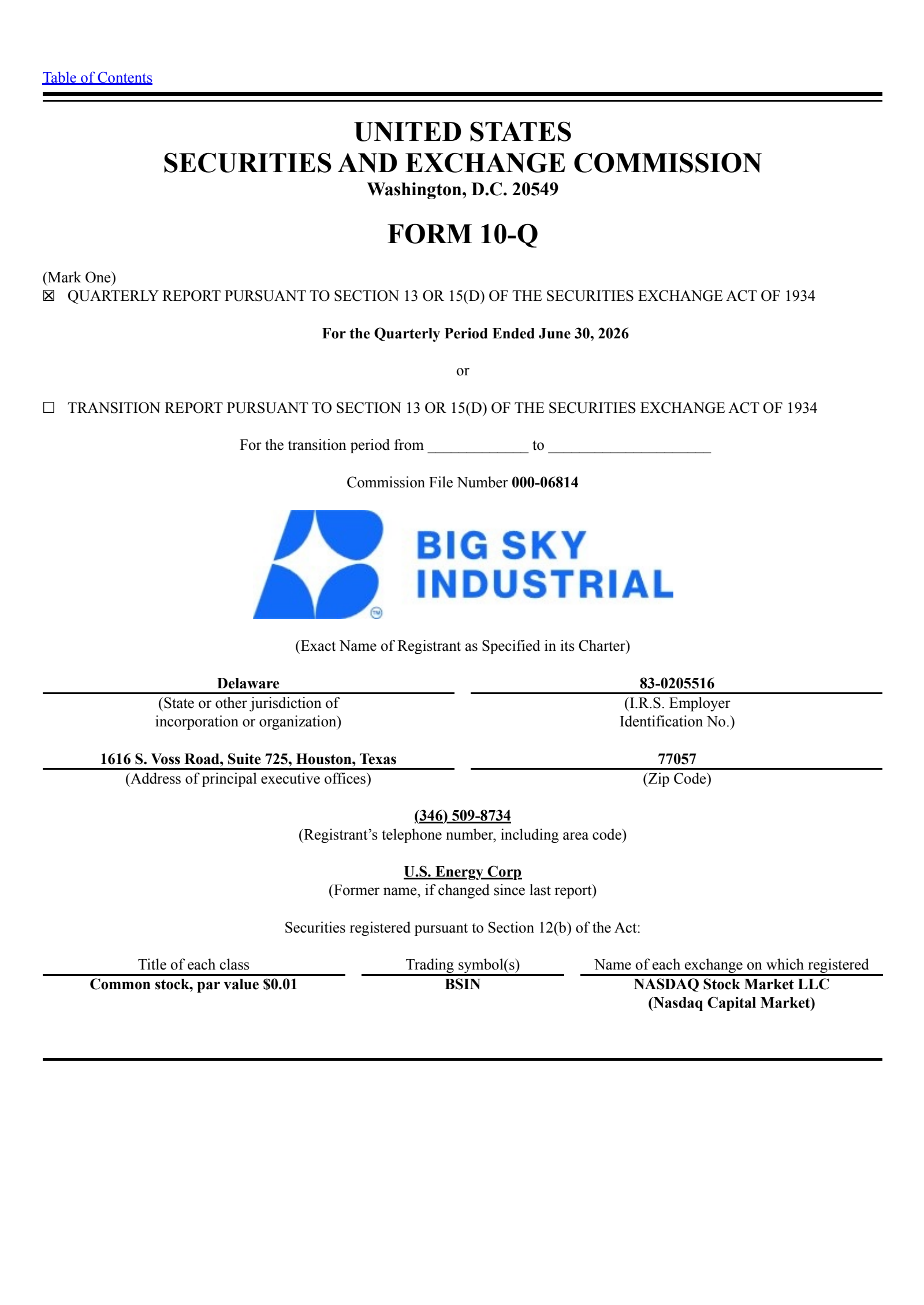 Big Sky Industrial Inc. Common Stock's Q2 2026 Quarterly report