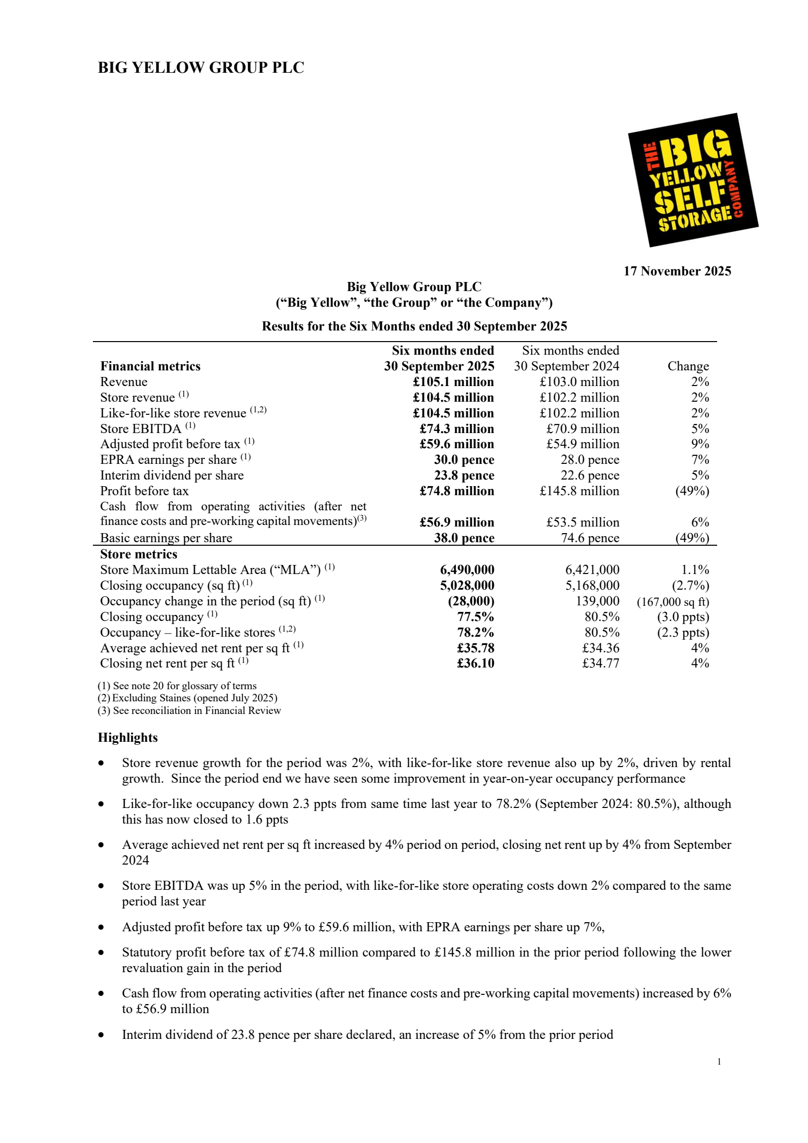 Big Yellow Group's H1 2026 Interim Report
