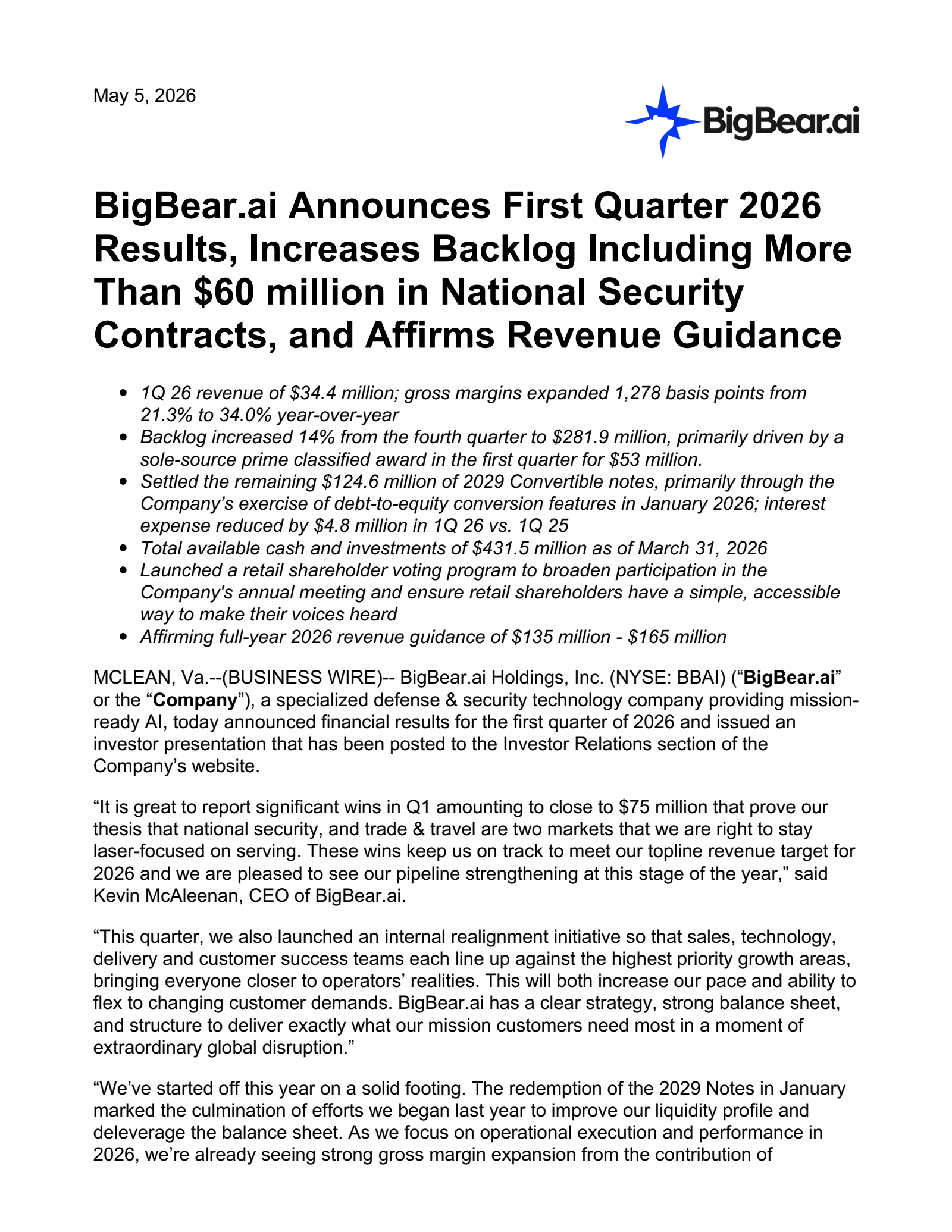 BigBear.ai's Q1 2026 Press Release