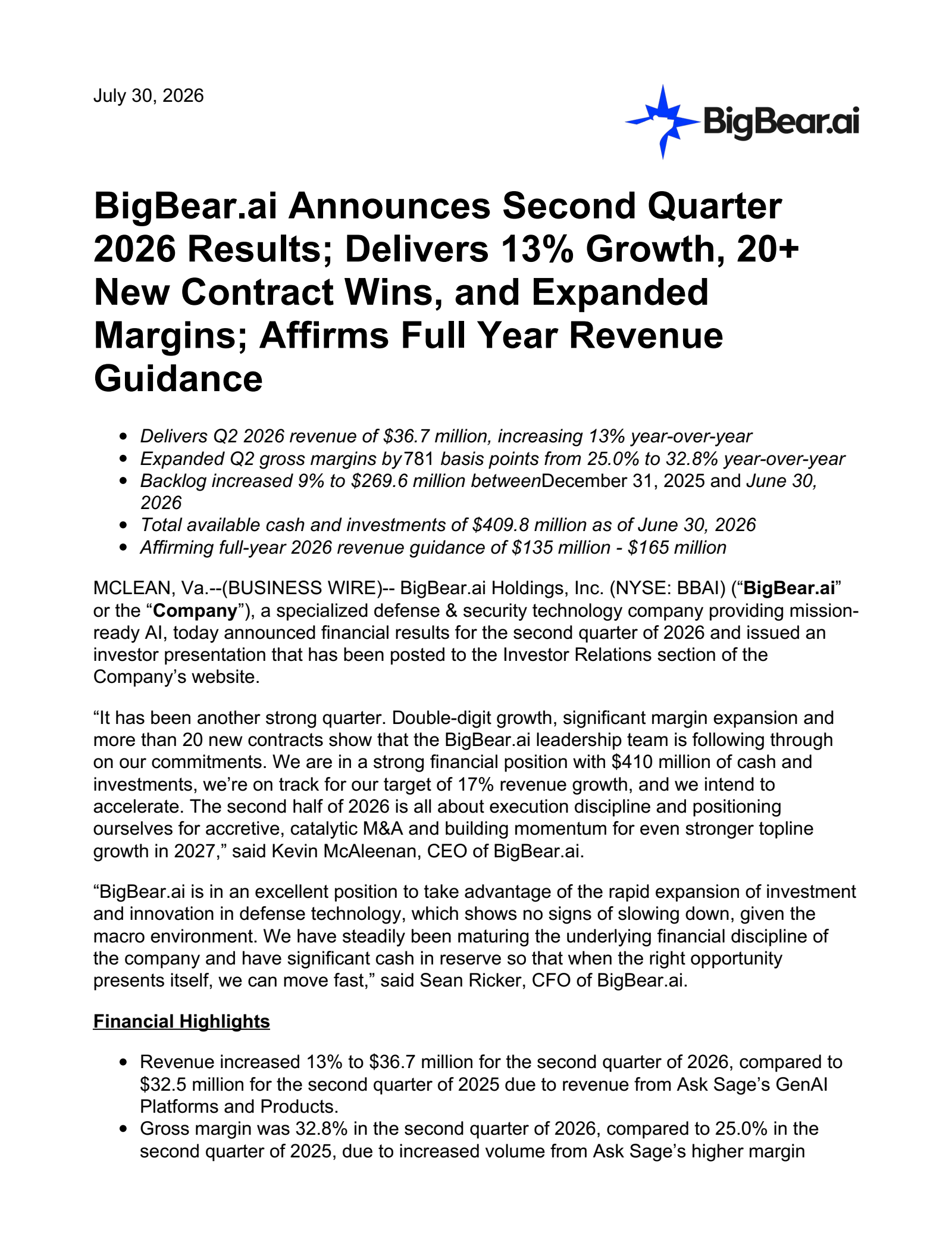BigBear.ai's Q2 2026 Press Release
