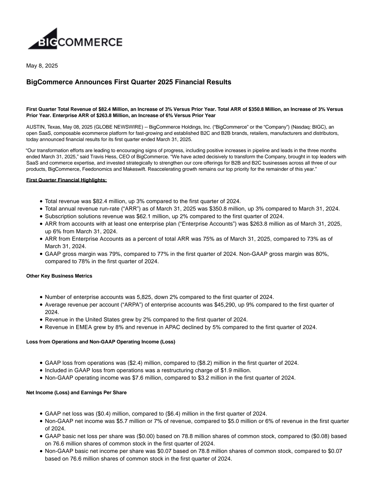 BigCommerce's Q1 2025 Press Release