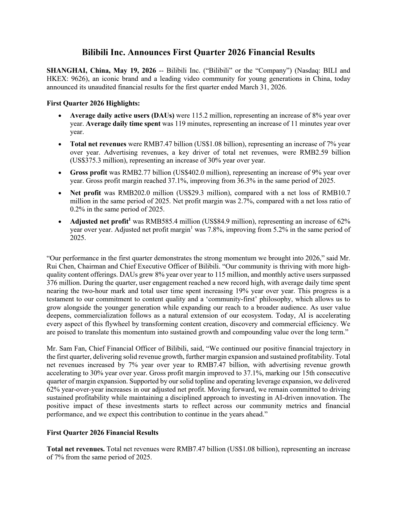 Bilibili's Q1 2026 Press Release