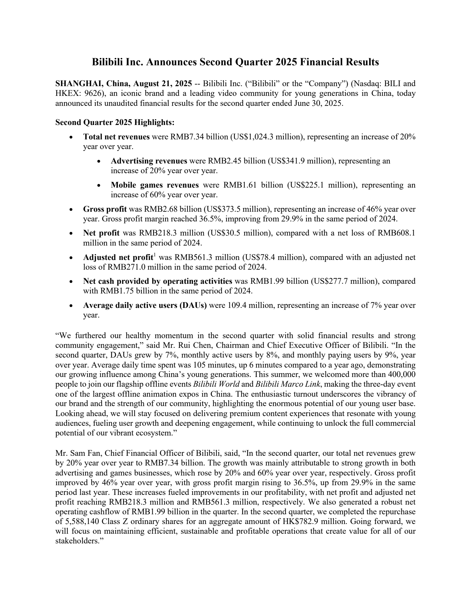 Bilibili's Q2 2025 Press Release