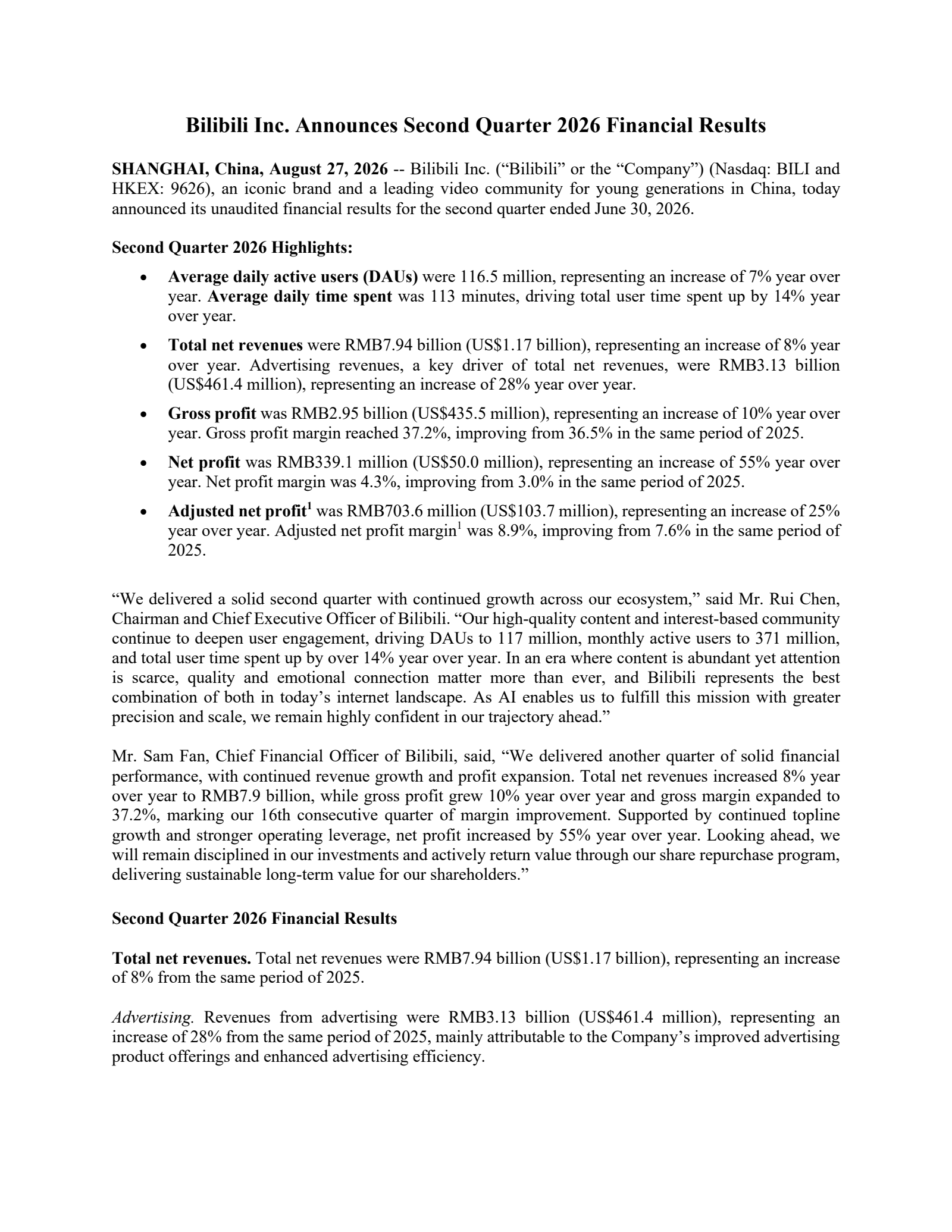 Bilibili's Q2 2026 Press Release