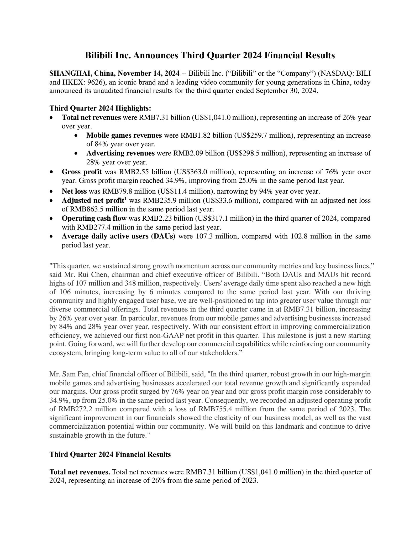 Bilibili's Q3 2024 Press Release