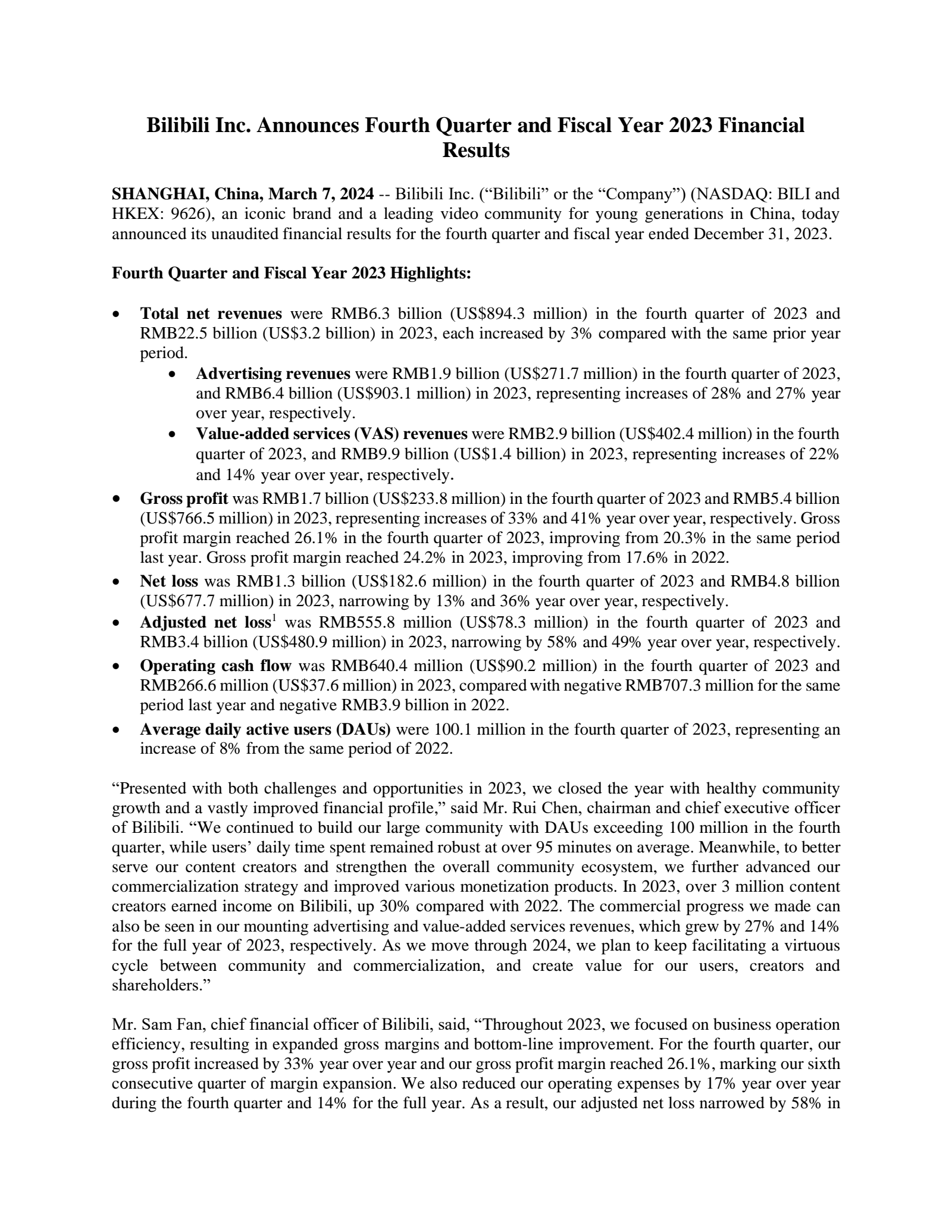 Bilibili's Q4 2023 Press Release