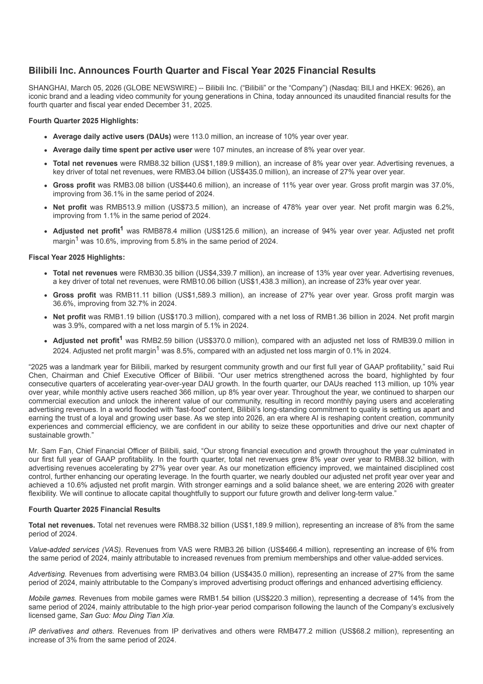 Bilibili's Q4 2025 Press Release