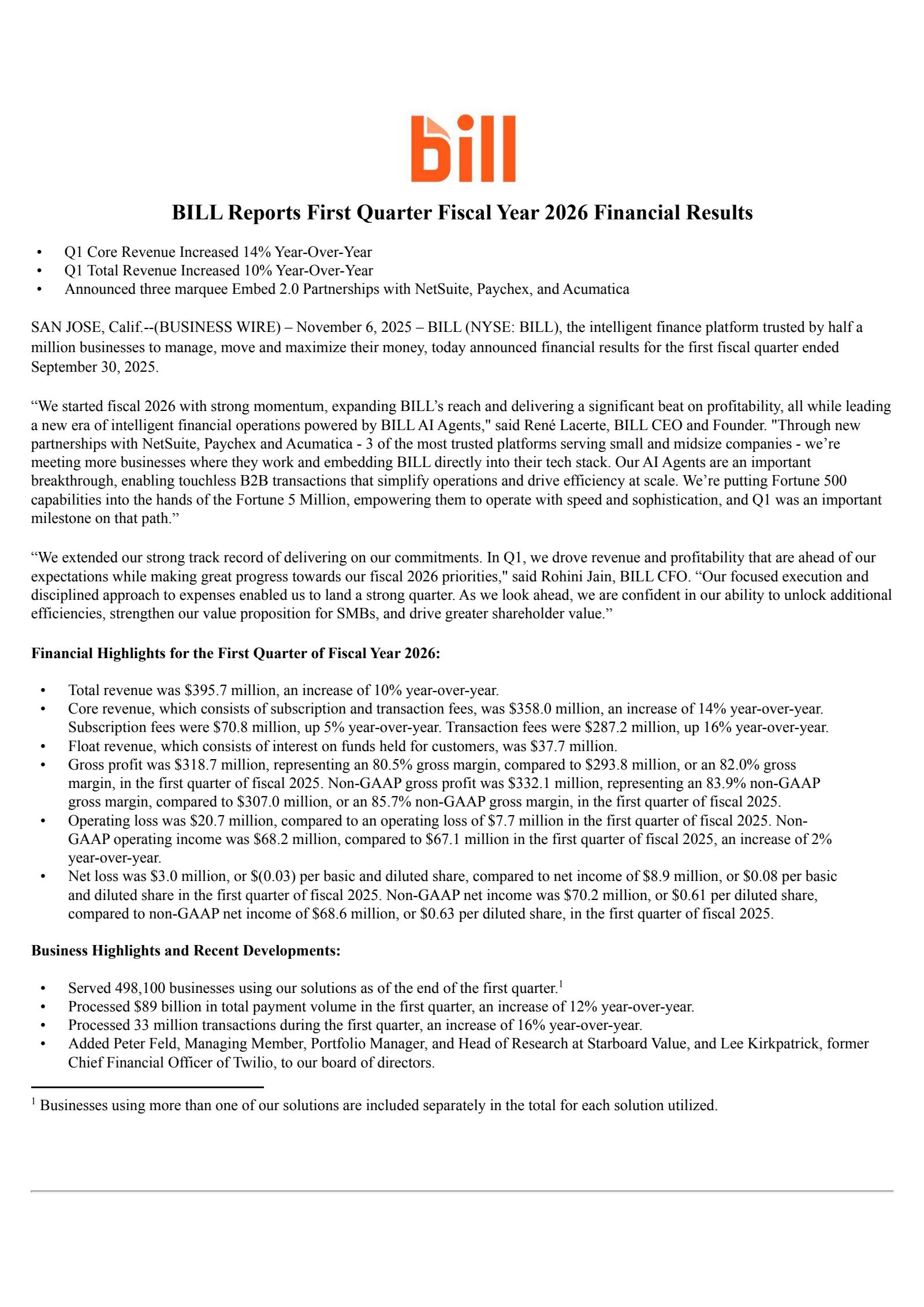 BILL's Q1 2026 Earnings Release