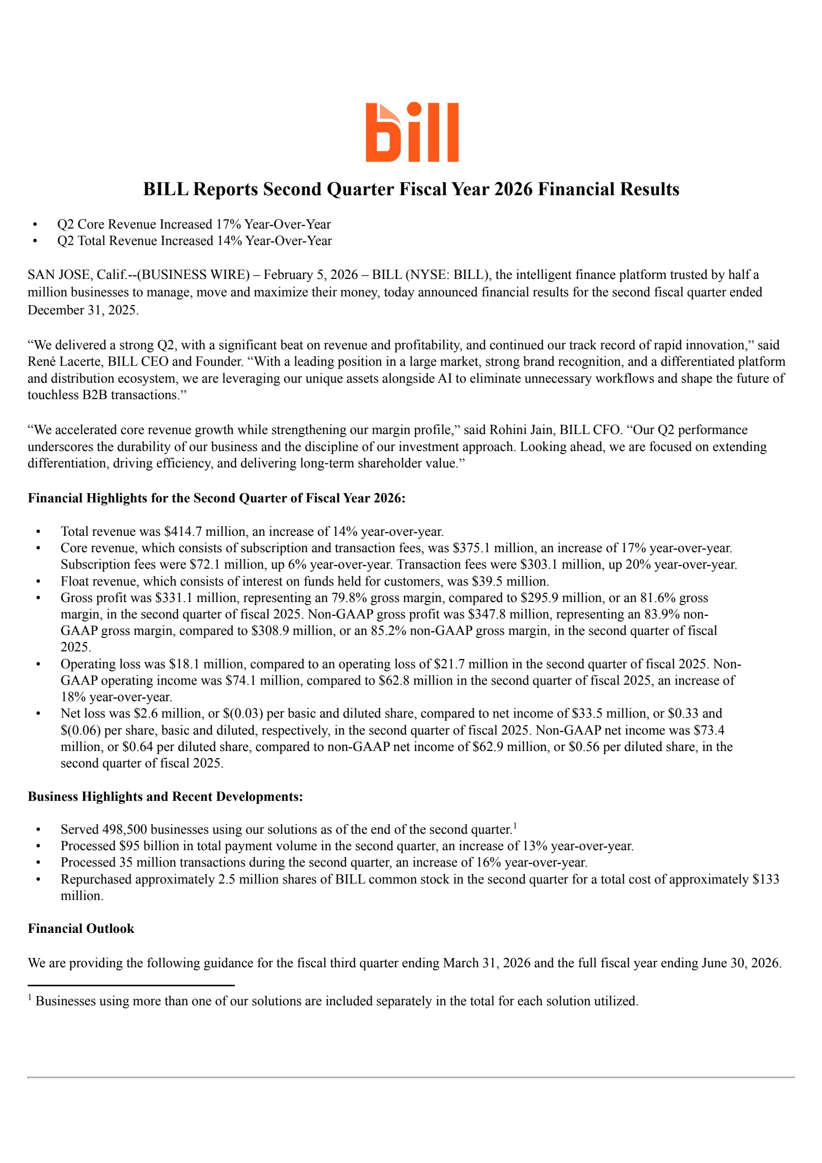 BILL's Q2 2026 Press Release