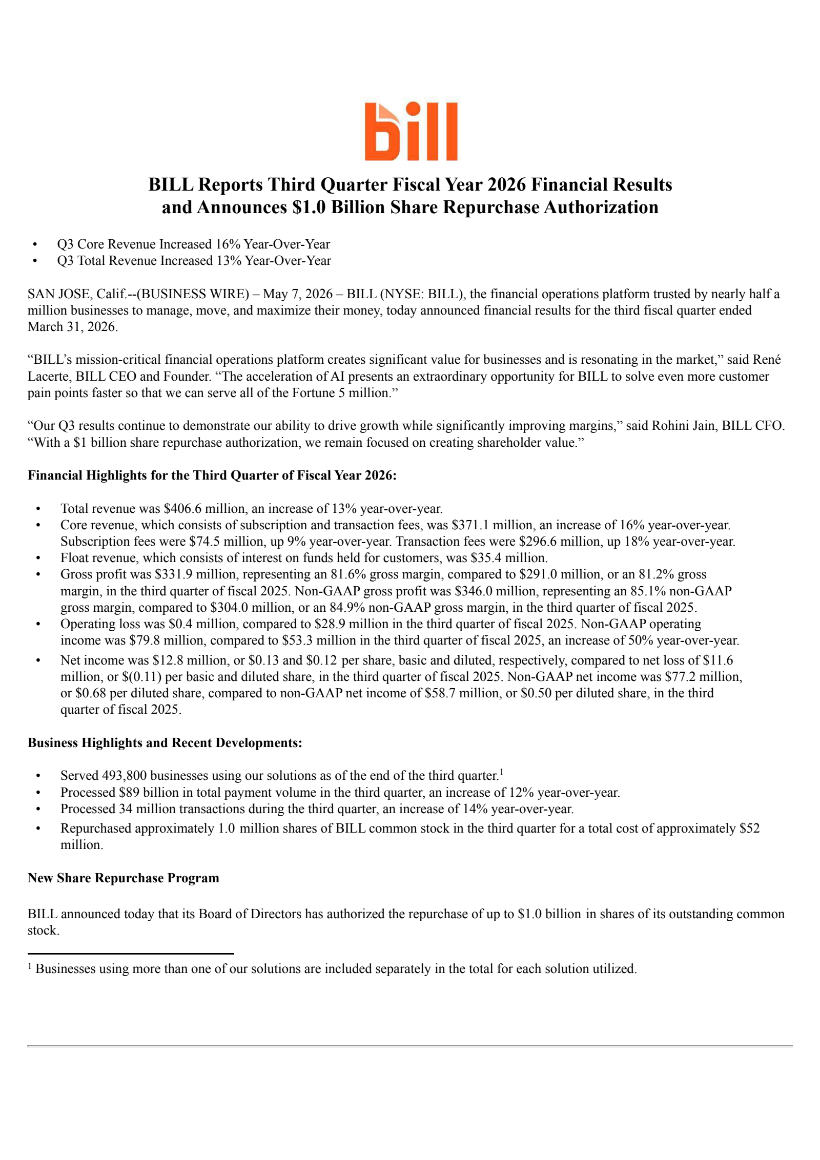 BILL's Q3 2026 Press Release