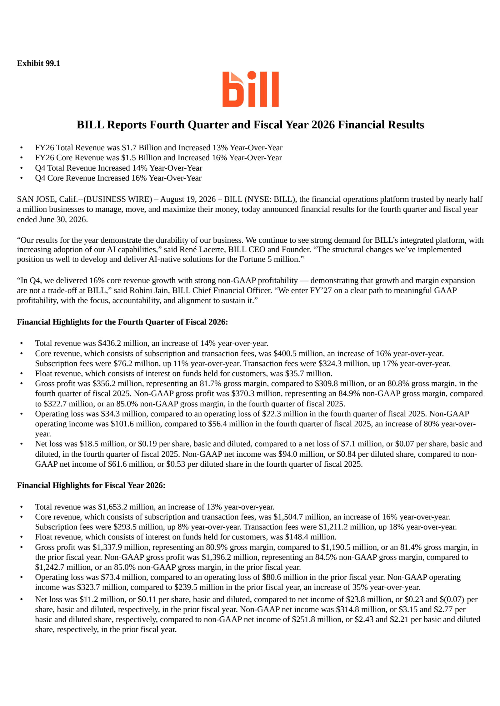 BILL's Q4 2026 Press Release