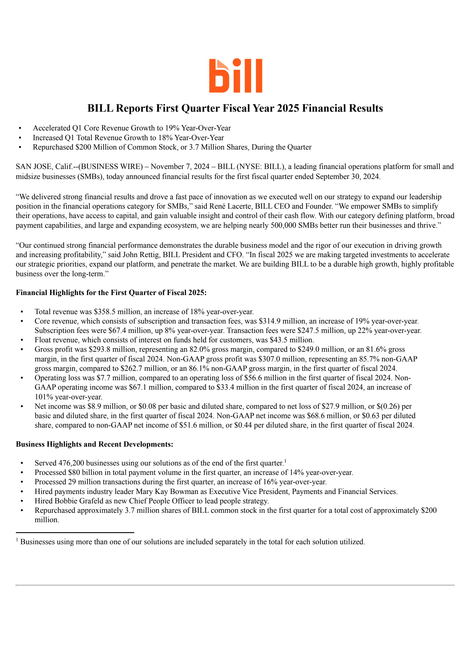 BILL's Q1 2025 Press Release