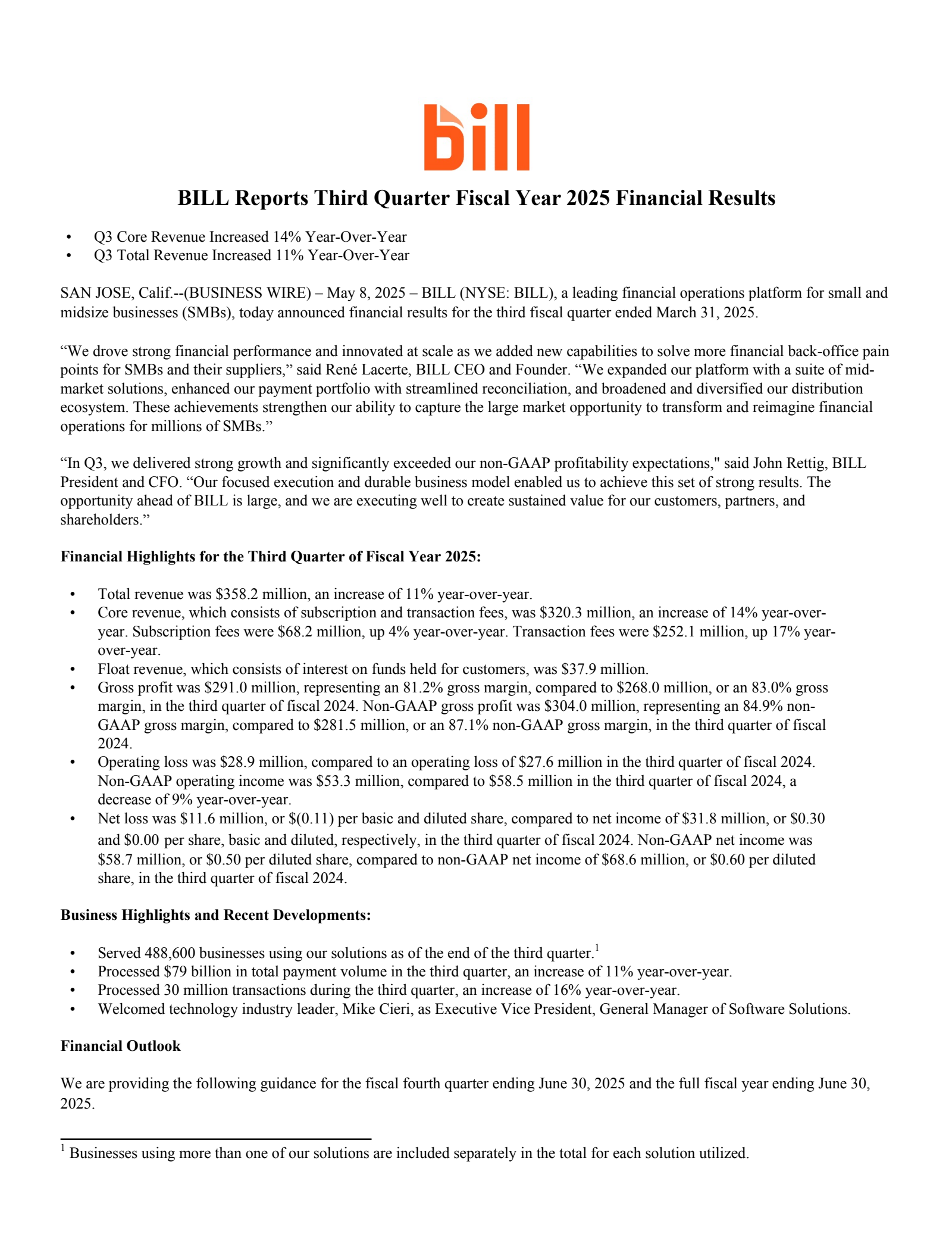 BILL's Q3 2025 Earnings Release