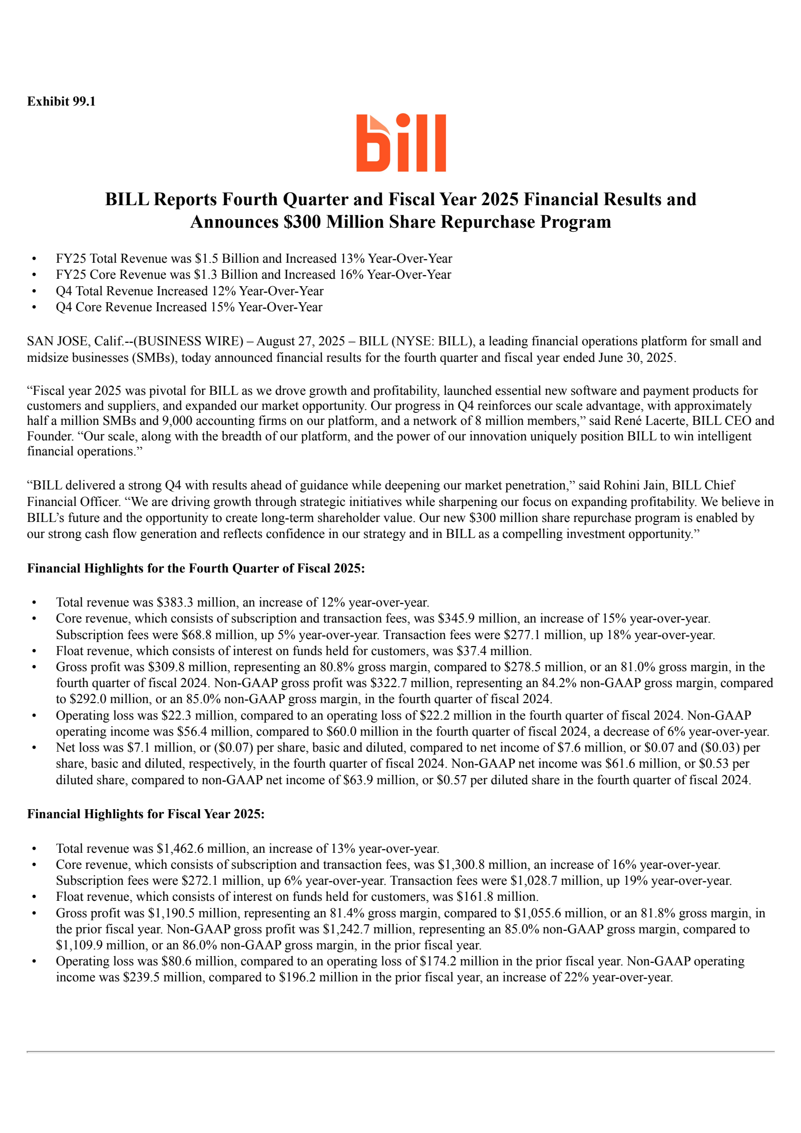 BILL's Q4 2025 Press Release