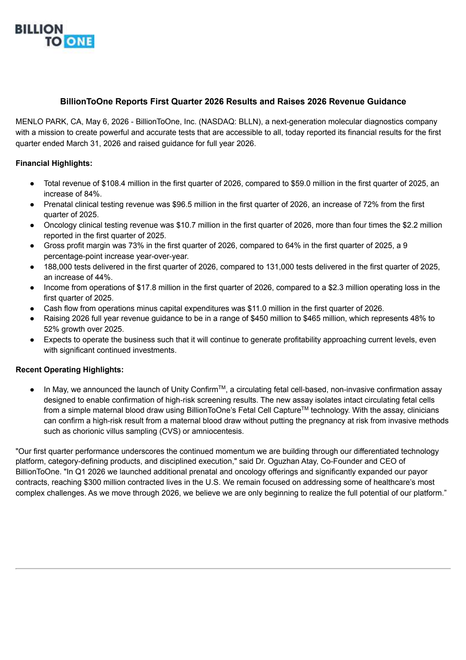 Billiontoone's Q1 2026 Press Release