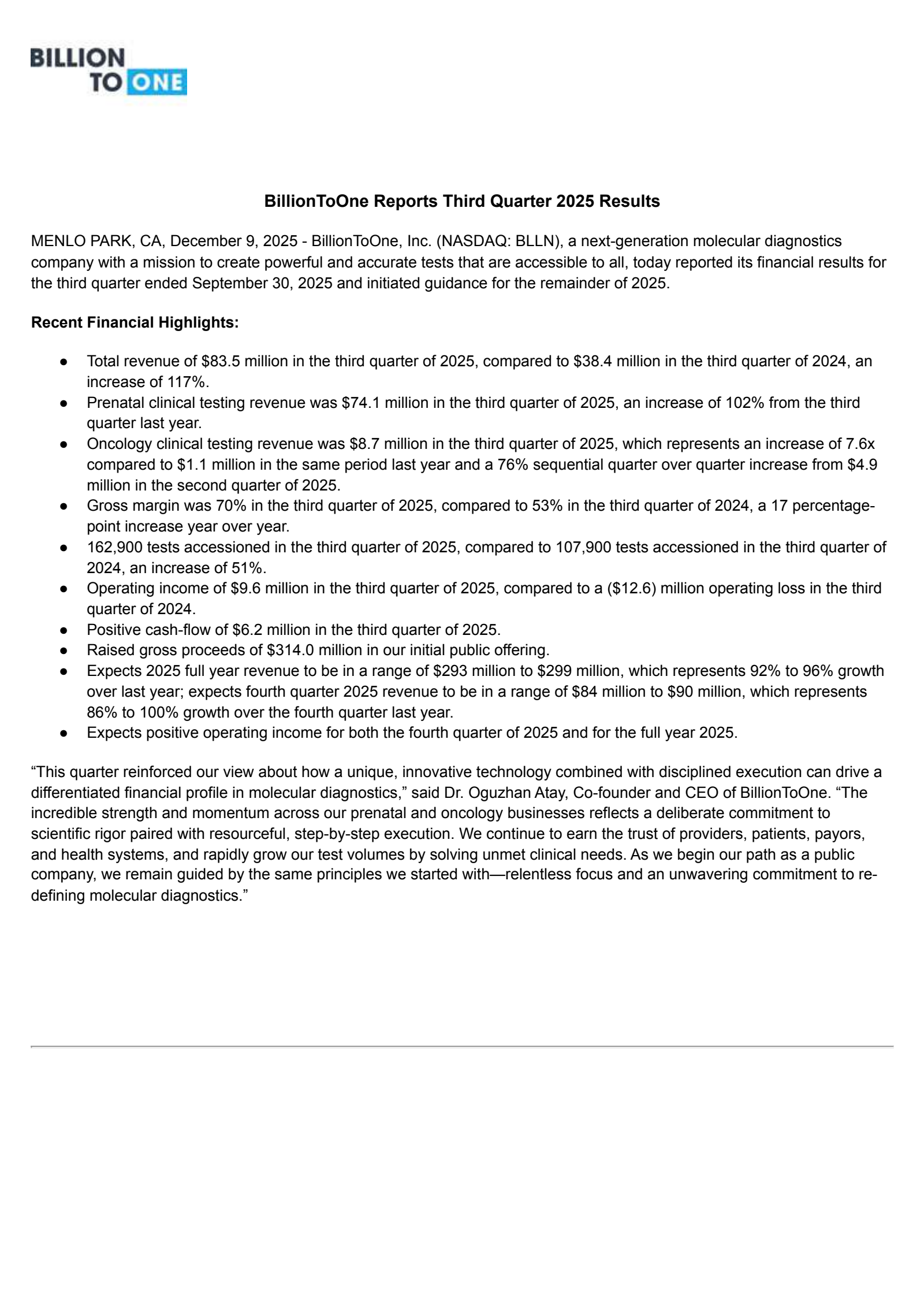 Billiontoone's Q3 2025 Earnings Release