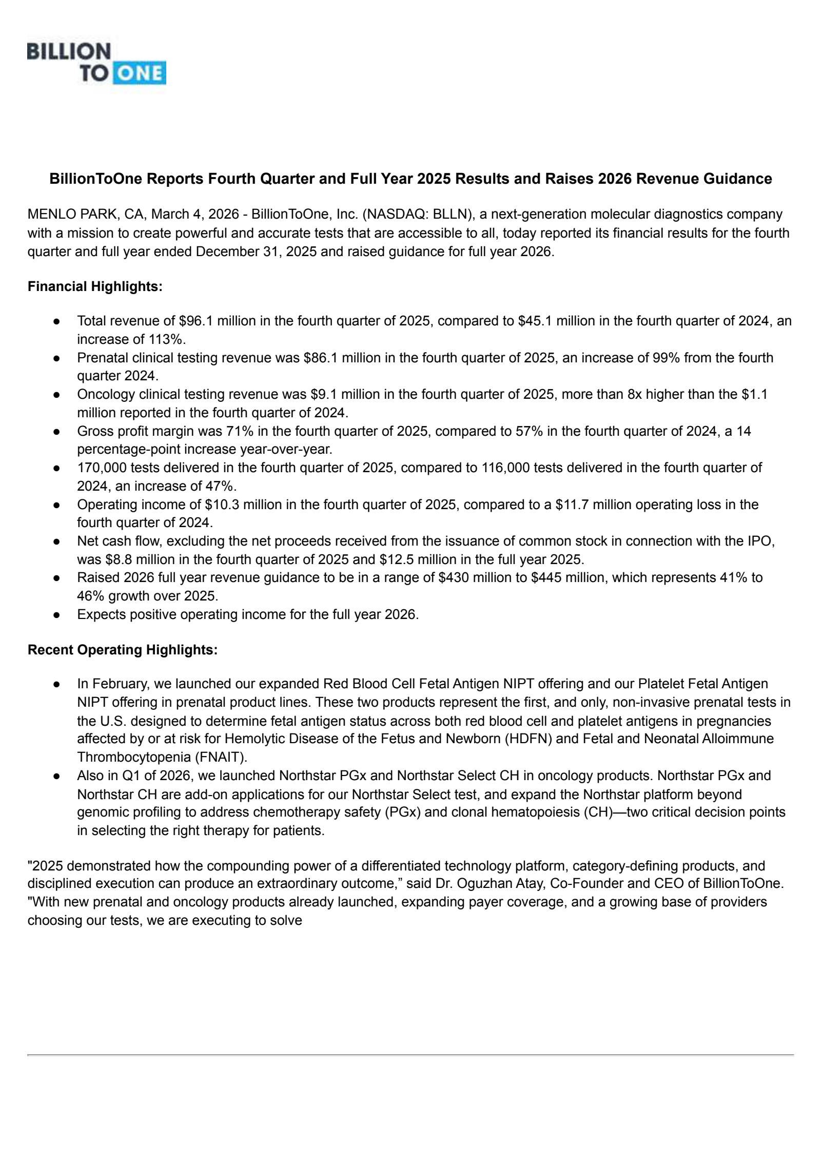 Billiontoone's Q4 2025 Press Release