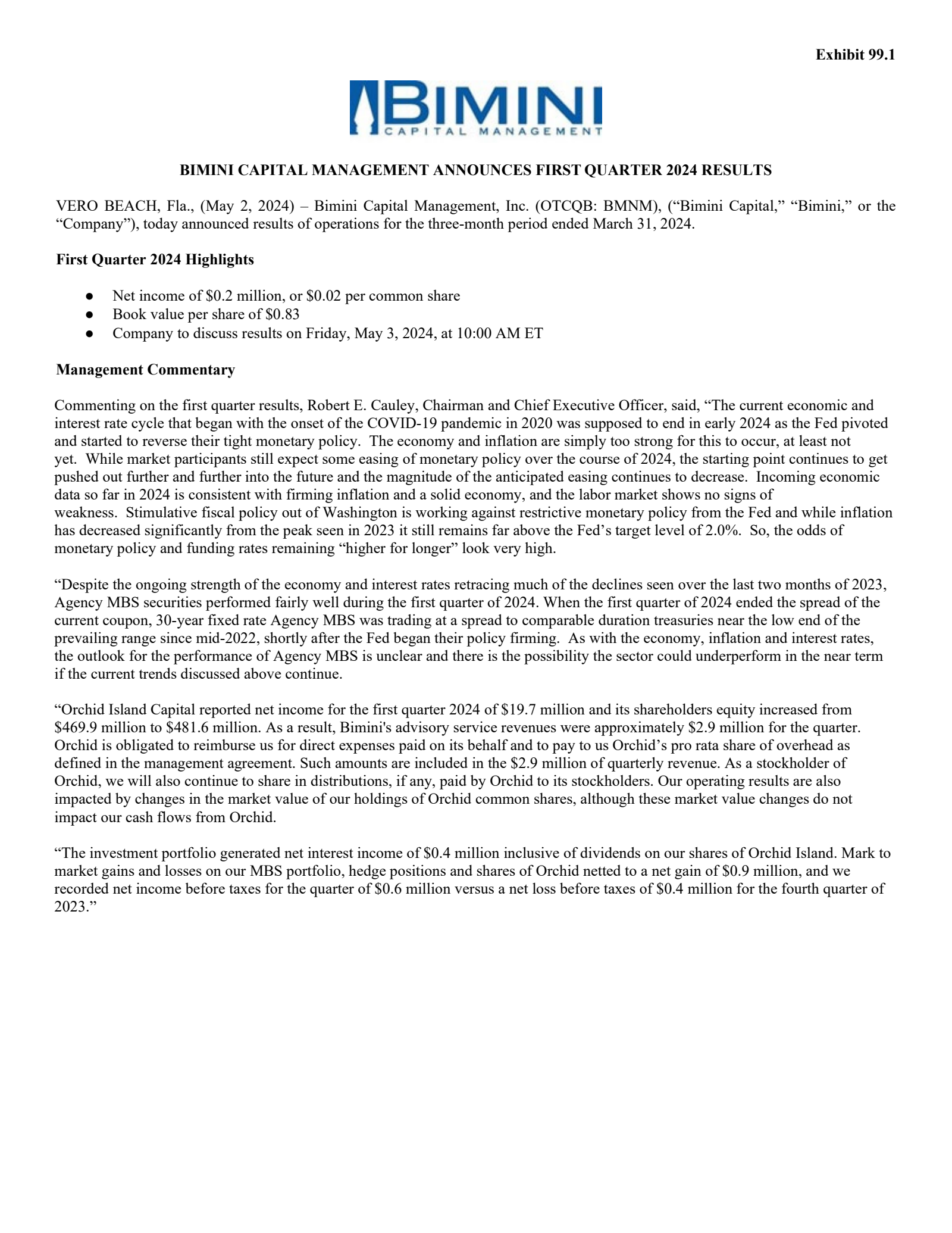 Bimini Capital Management's Q1 2024 Press Release