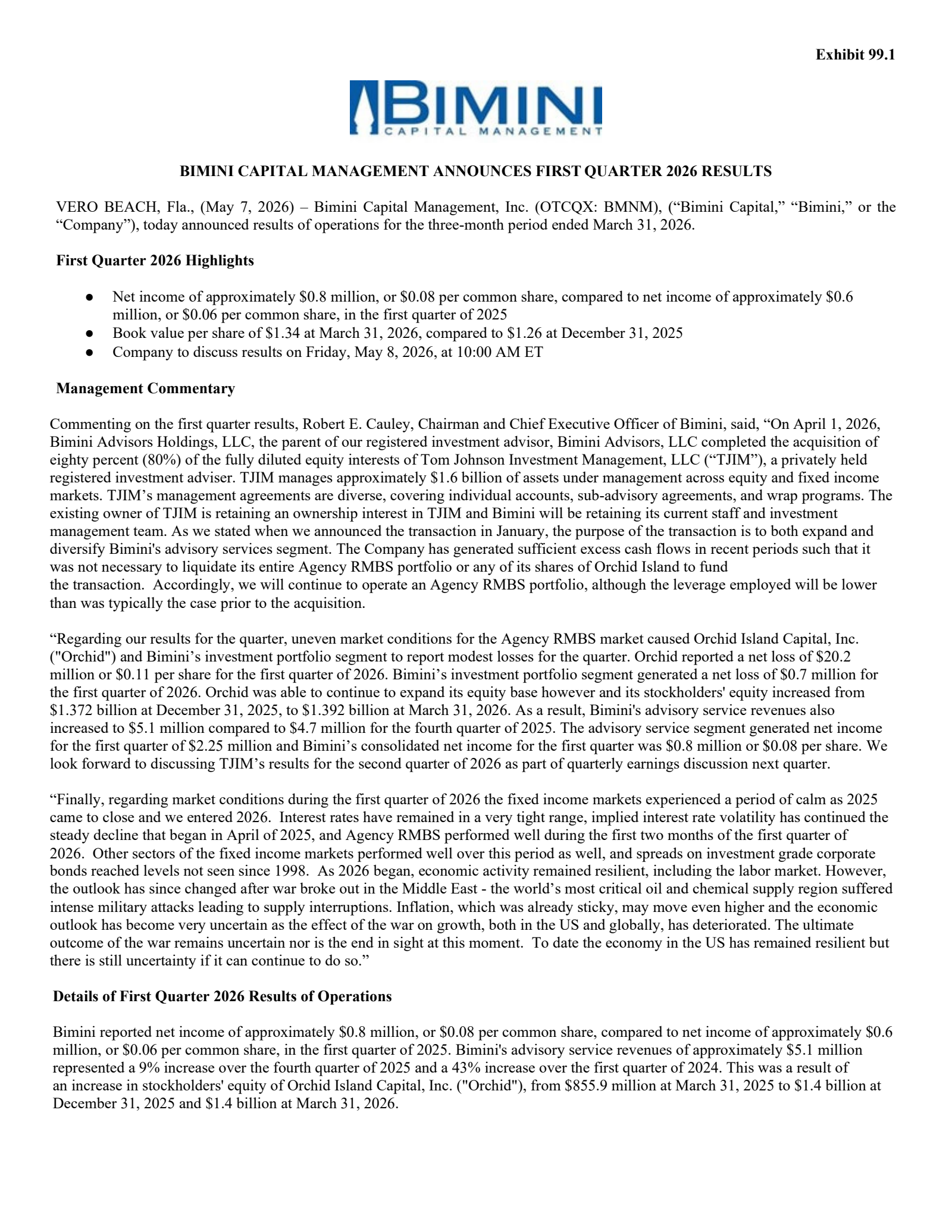 Bimini Capital Management's Q1 2026 Press Release