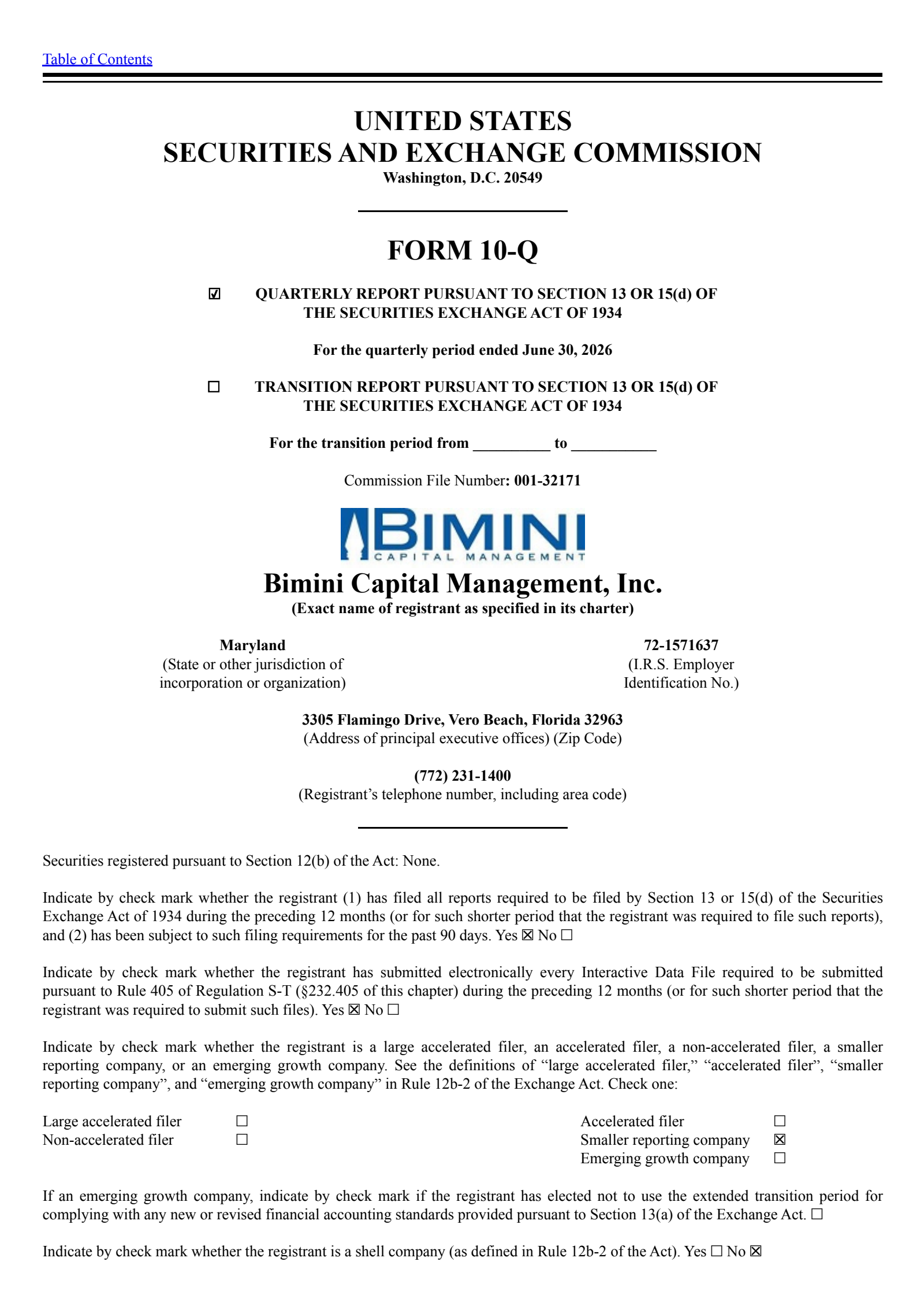Bimini Capital Management's Q2 2026 Quarterly report