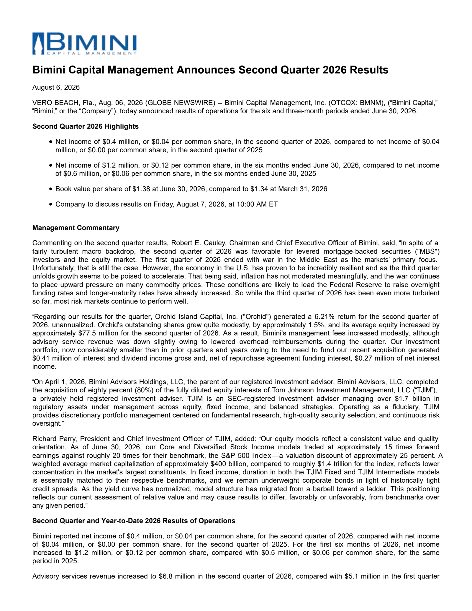 Bimini Capital Management's Q2 2026 Press Release