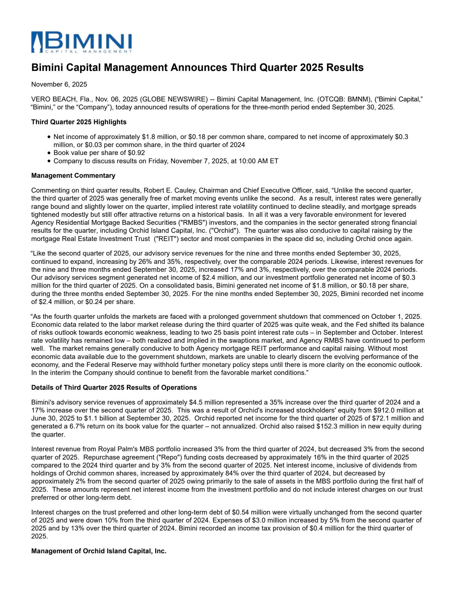 Bimini Capital Management's Q3 2025 Earnings Release