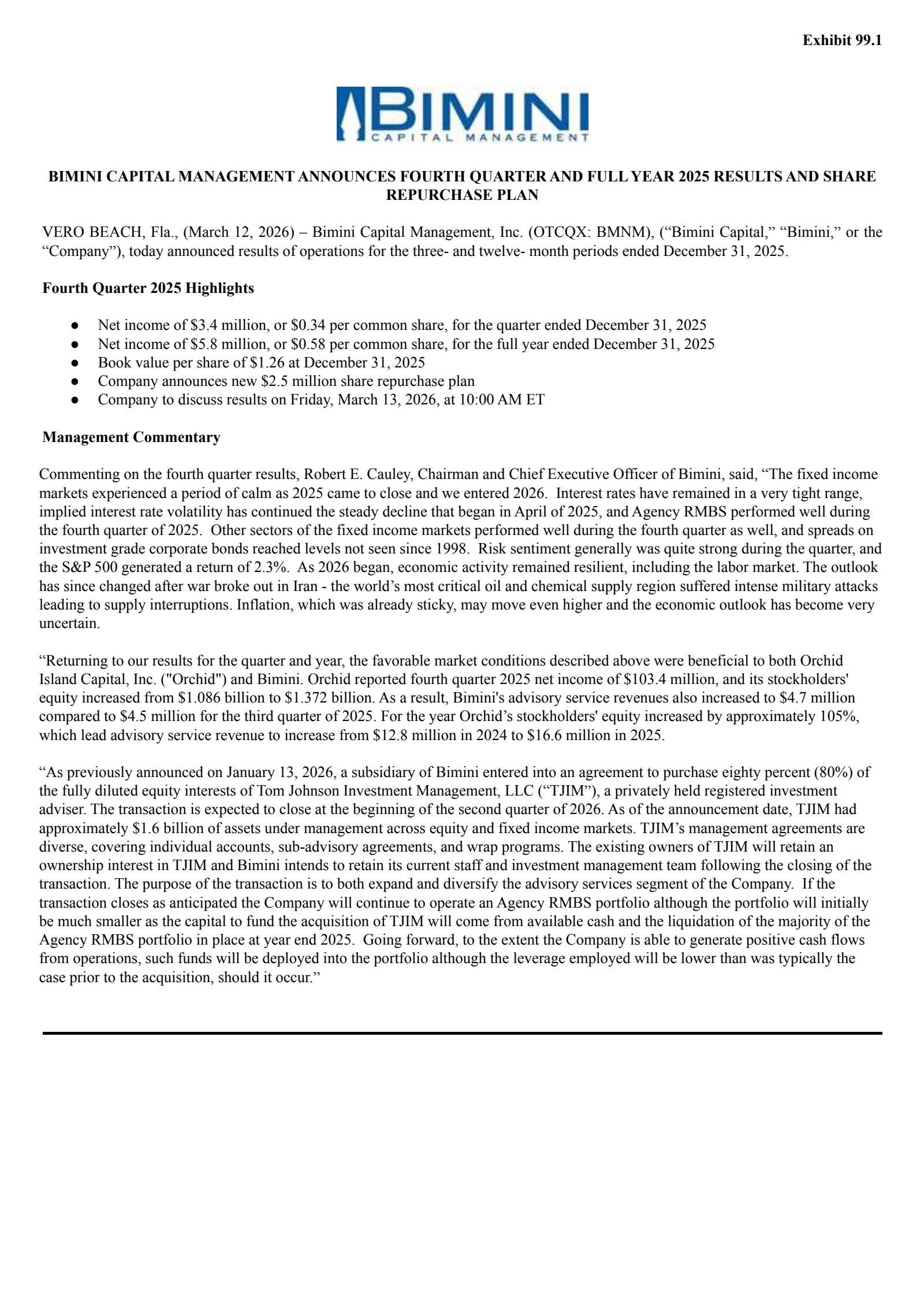 Bimini Capital Management's Q4 2025 Press Release