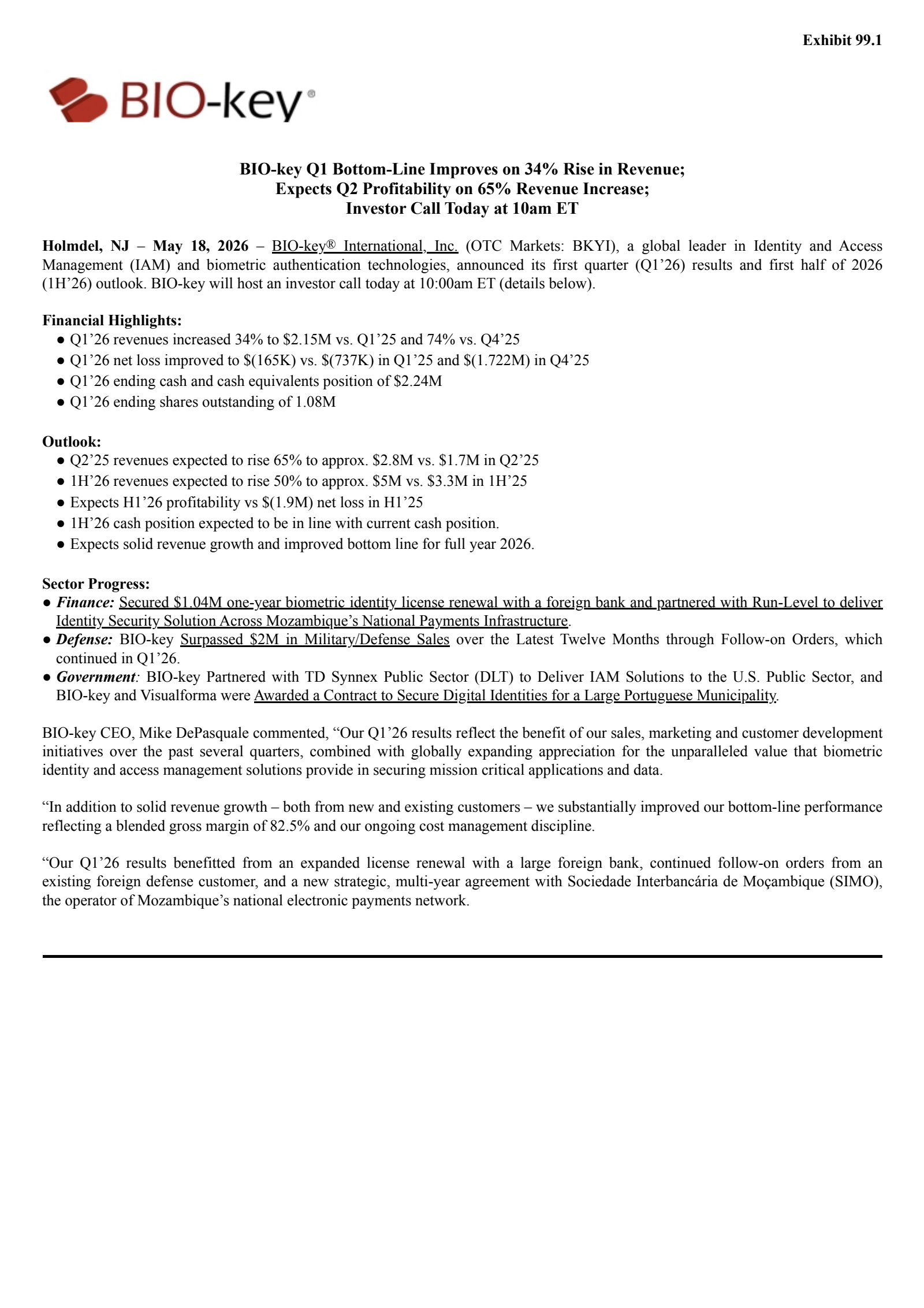 BIO-key International's Q1 2026 Press Release
